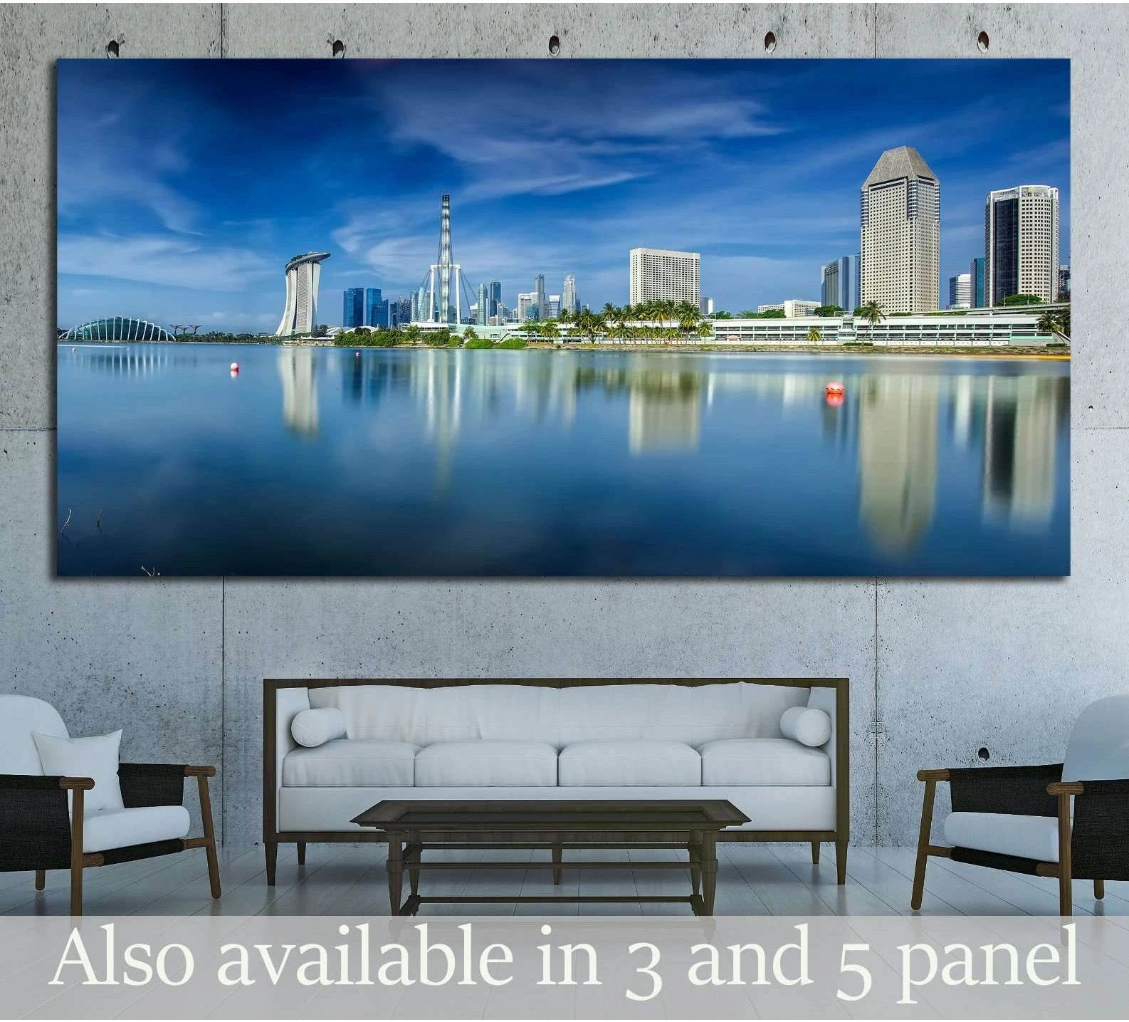 Singapore Marina Bay skyline canvas print above sofa in a modern living room with calm blue water reflections