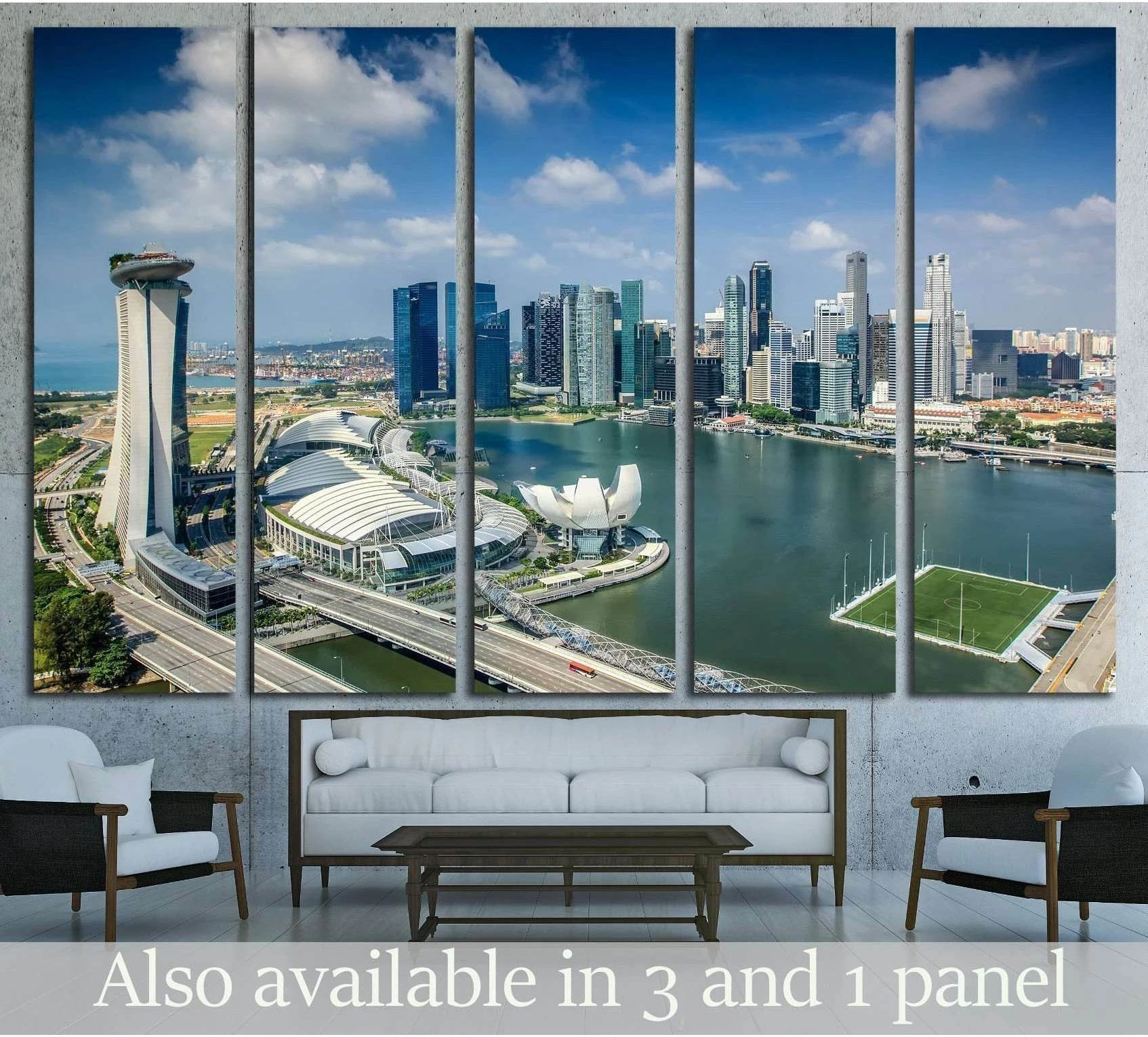 Singapore skyline canvas print with Marina Bay Sands above sofa in a modern living room