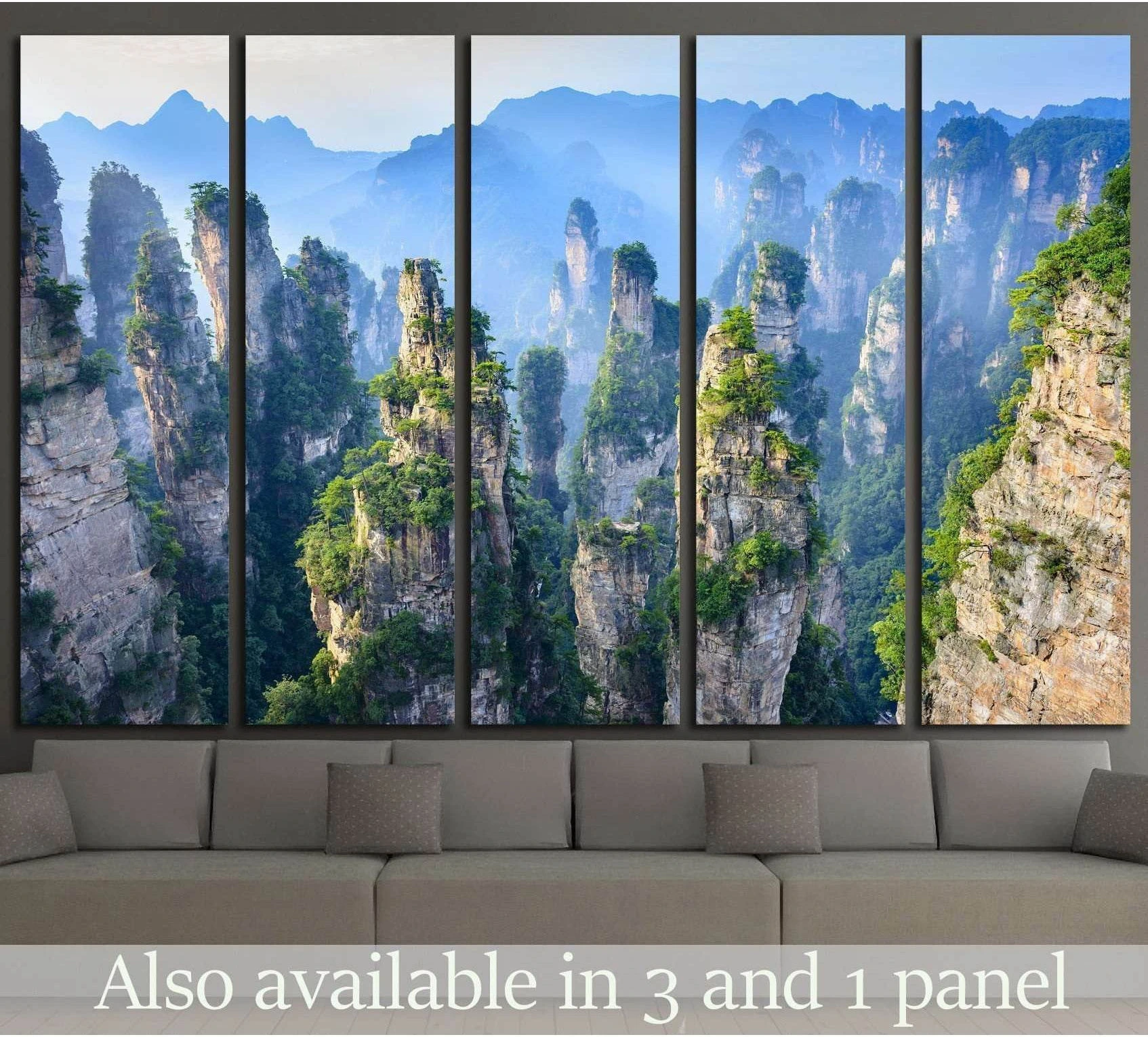 Zhangjiajie mountain pillars canvas print in misty blue-green tones displayed above a sofa