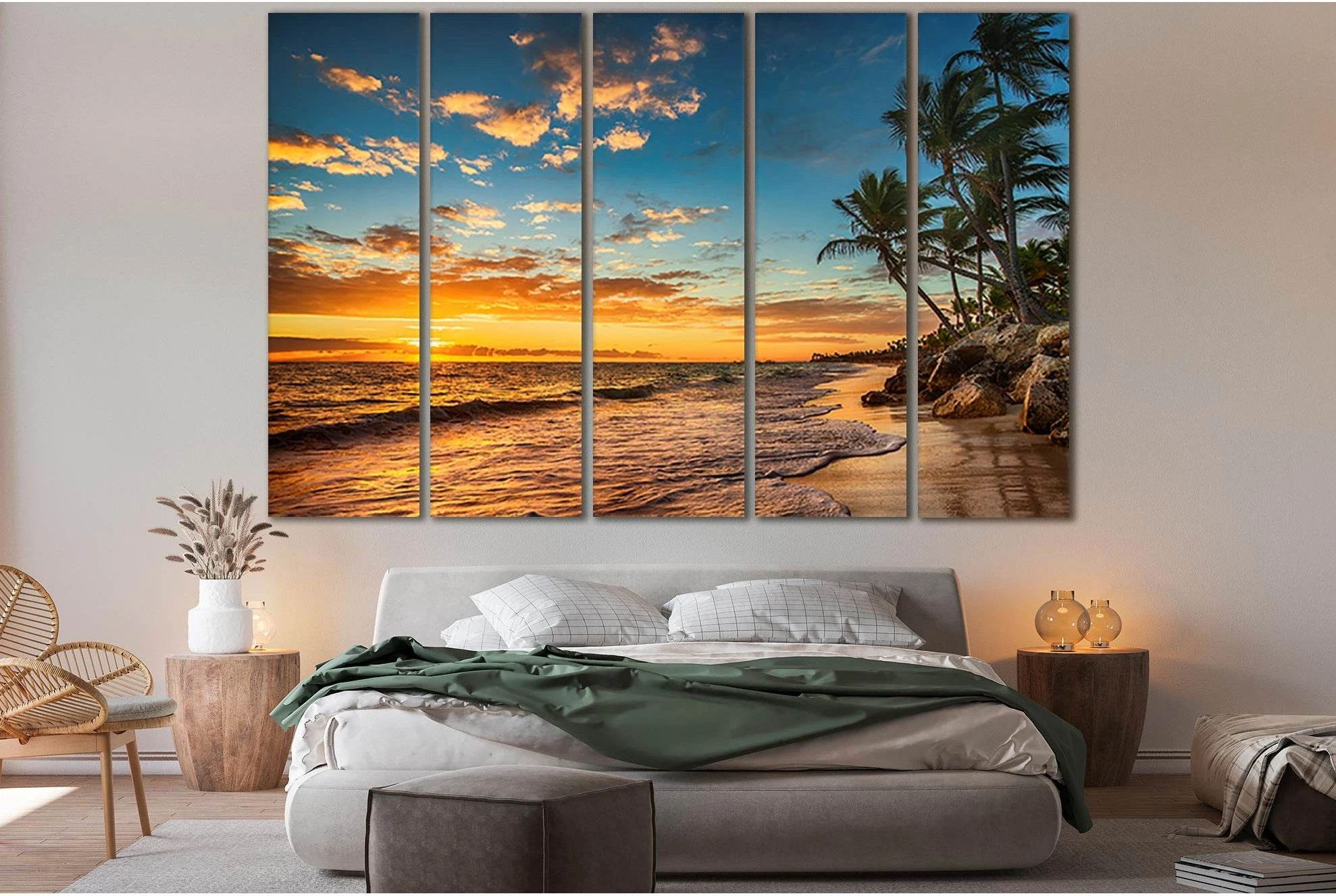 Tropical Beach Sunset With Palm Trees Canvas Print showing sea water, shoreline and horizon depth.