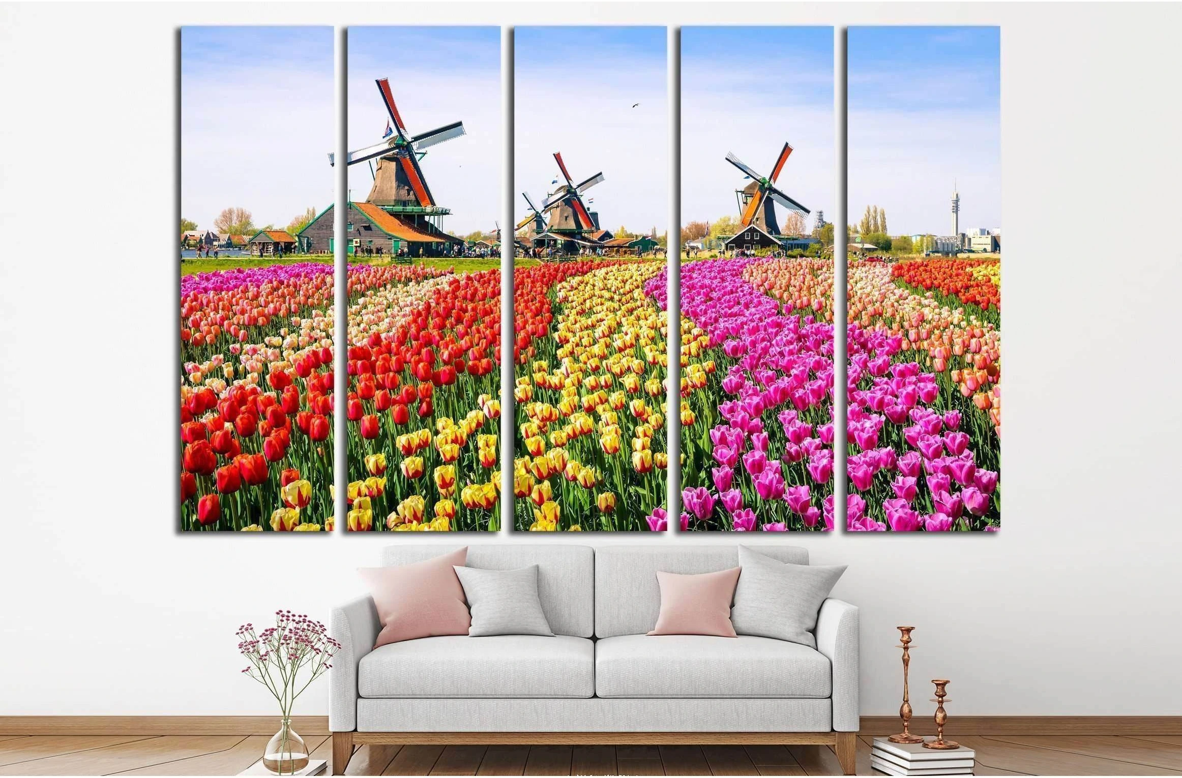 Landscape with tulips, traditional dutch windmills and houses near the canal in Zaanse Schans, Netherlands, Europe №2320 Ready to Hang Canvas Print - Zellart Canvas Prints 000Negative, ALL_Products, autopostr_pinterest_64952, s-2320