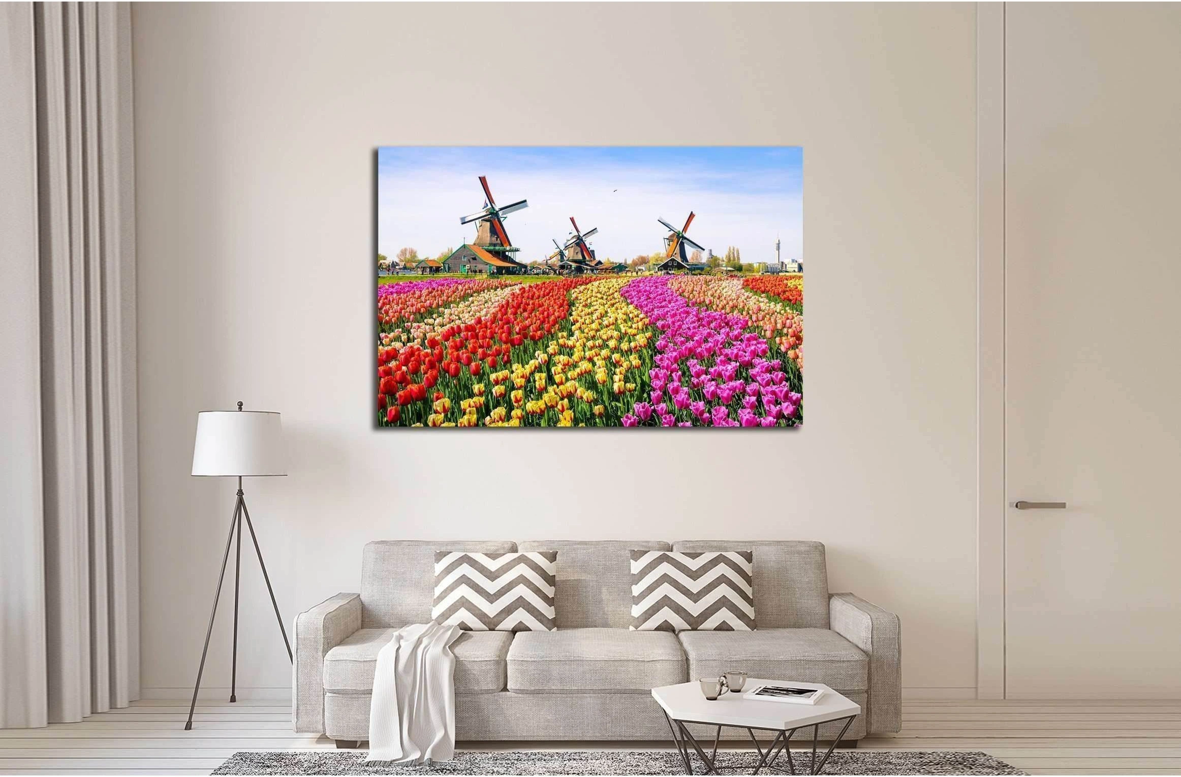 Landscape with tulips, traditional dutch windmills and houses near the canal in Zaanse Schans, Netherlands, Europe №2320 Ready to Hang Canvas Print - Zellart Canvas Prints 000Negative, ALL_Products, autopostr_pinterest_64952, s-2320