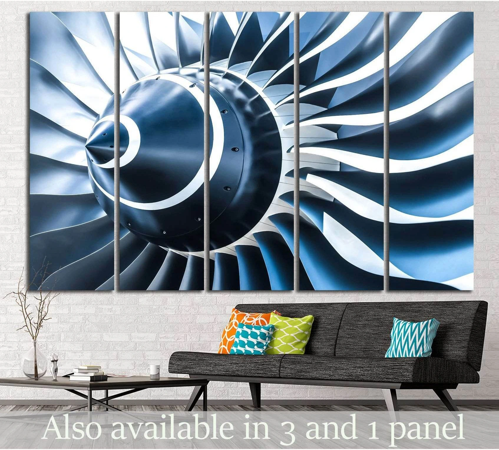 Jet engine turbine canvas print in blue-silver tones displayed above sofa in a modern living room