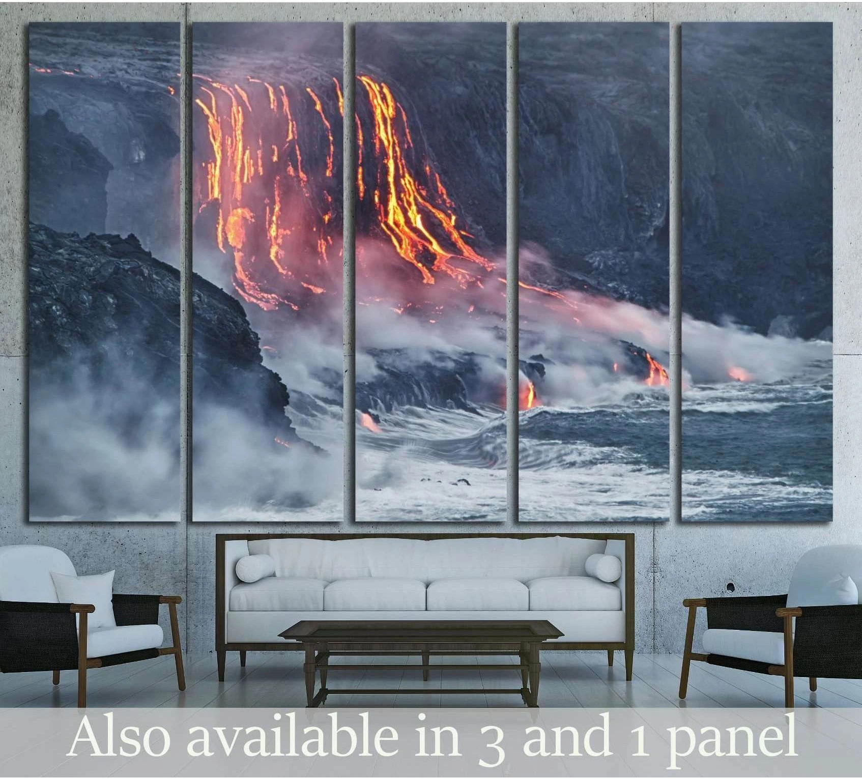 Hawaii lava flow canvas print with molten lava pouring into the Pacific Ocean above a sofa