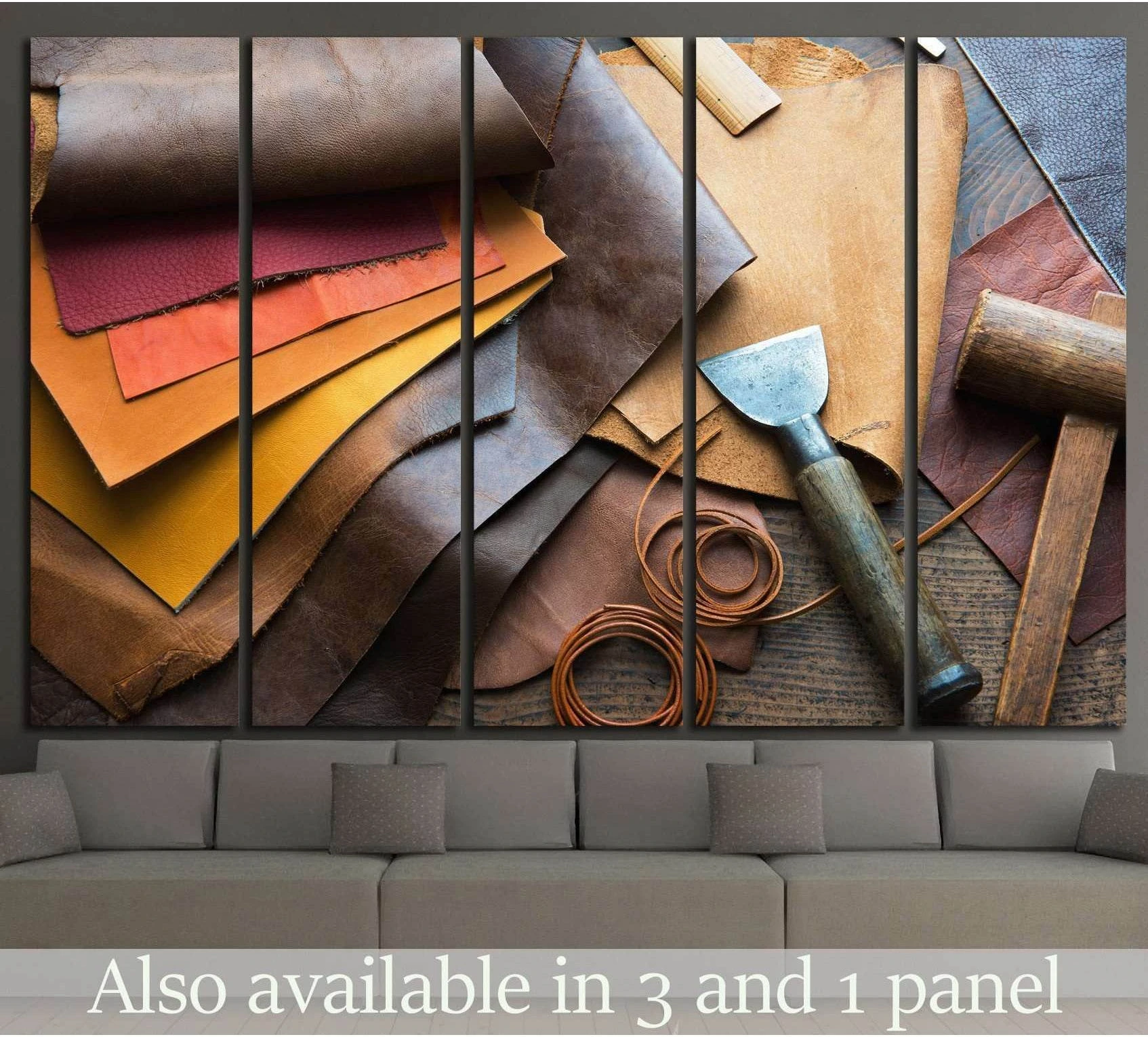 Leather craft canvas print with brown leather sheets, cutting tool, and mallet in a workshop setting