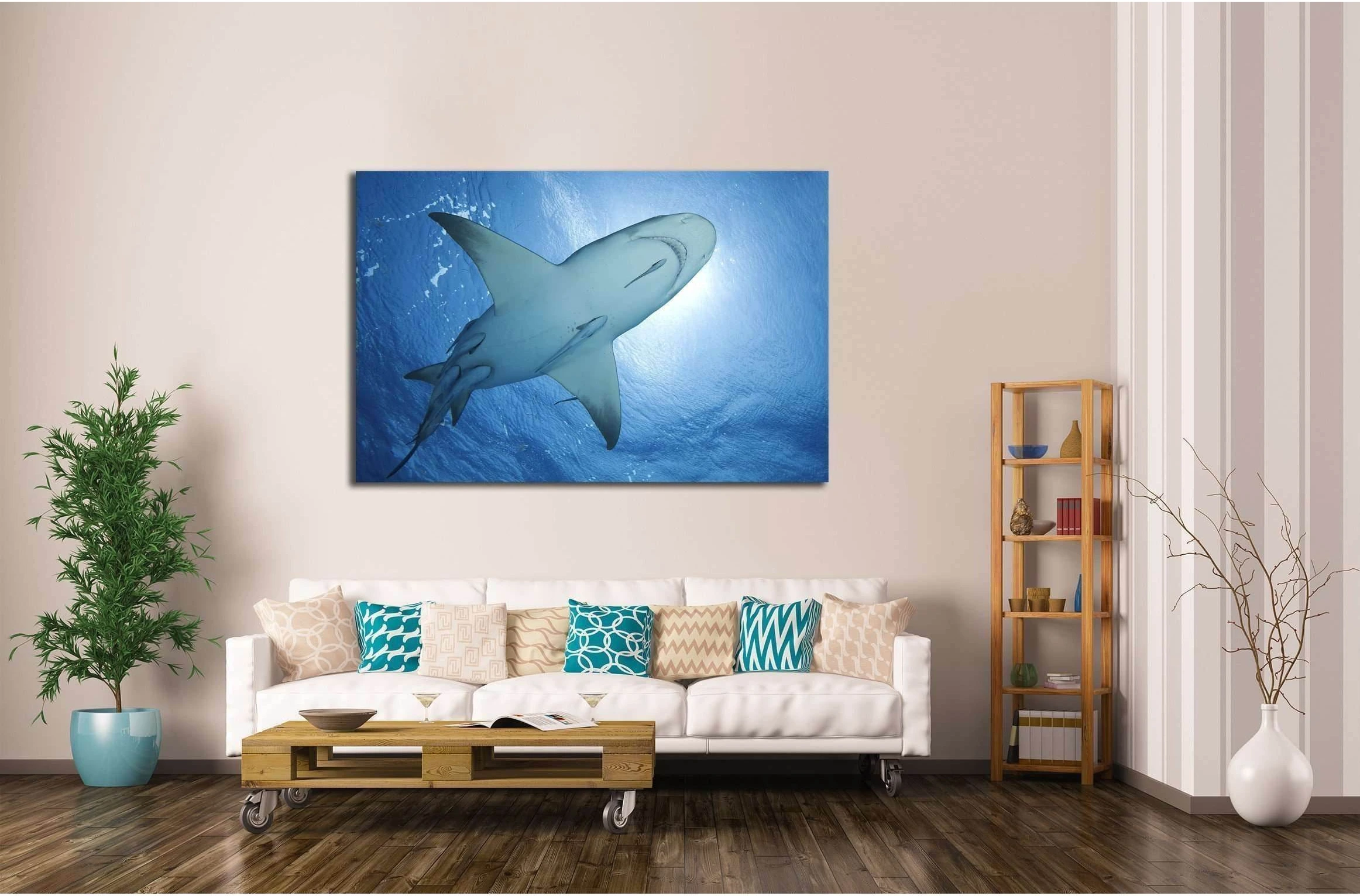 LEMON SHARK WITH REMORA SWIMMING AT THE SURFACE OF BAHAMAS №2358 Ready to Hang Canvas Print - Zellart Canvas Prints ALL_Products, s-2358