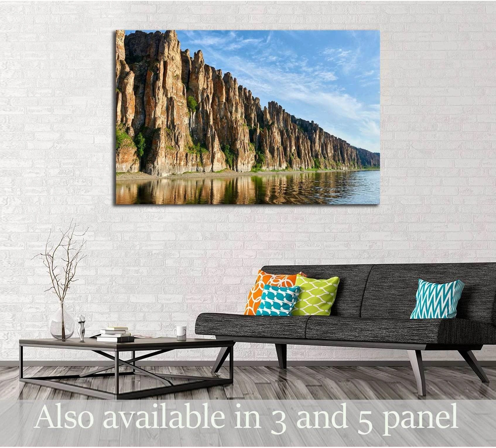 Lena Pillars canvas print with panoramic Yakutia river cliffs above a sofa in a modern living room