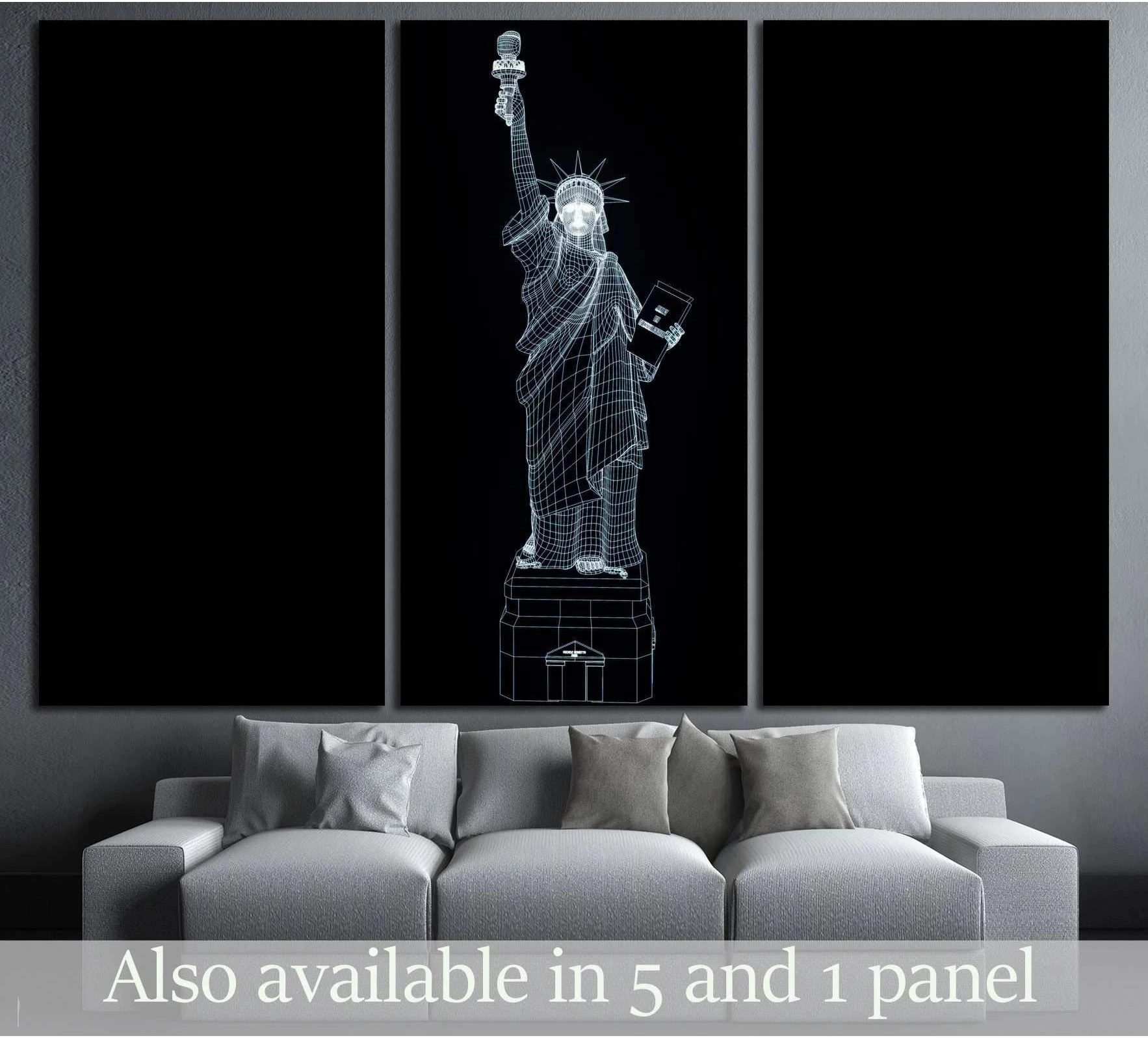 Statue of Liberty wireframe canvas print in cyan line art on black background, shown as a triptych above a gray sofa