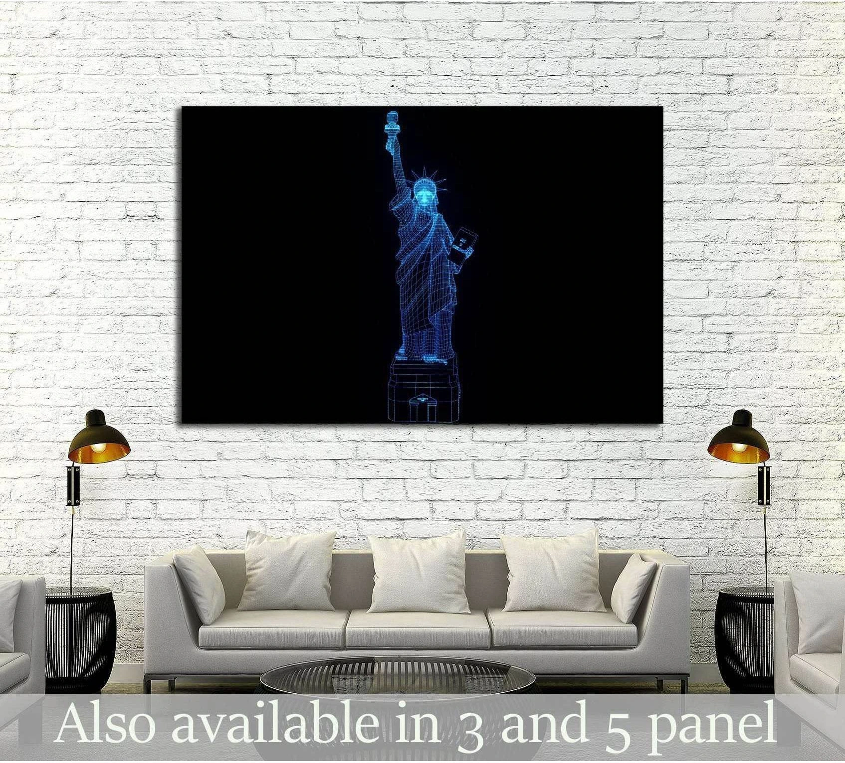 Statue of Liberty neon wireframe canvas print hung above a sofa in a modern white brick living room