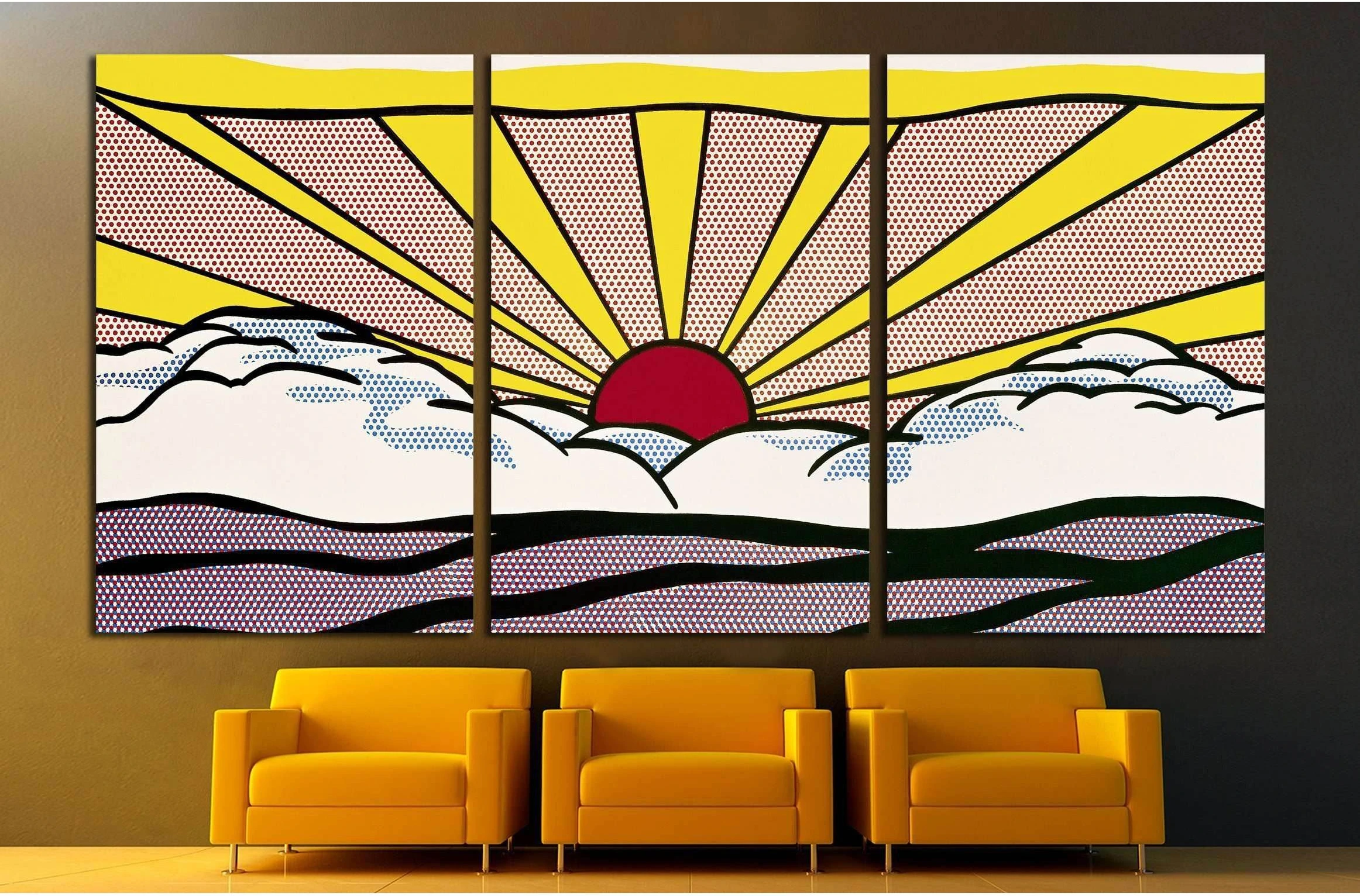 A pop art style landscape of a red sun setting over a field of white and grey clouds., product view 2