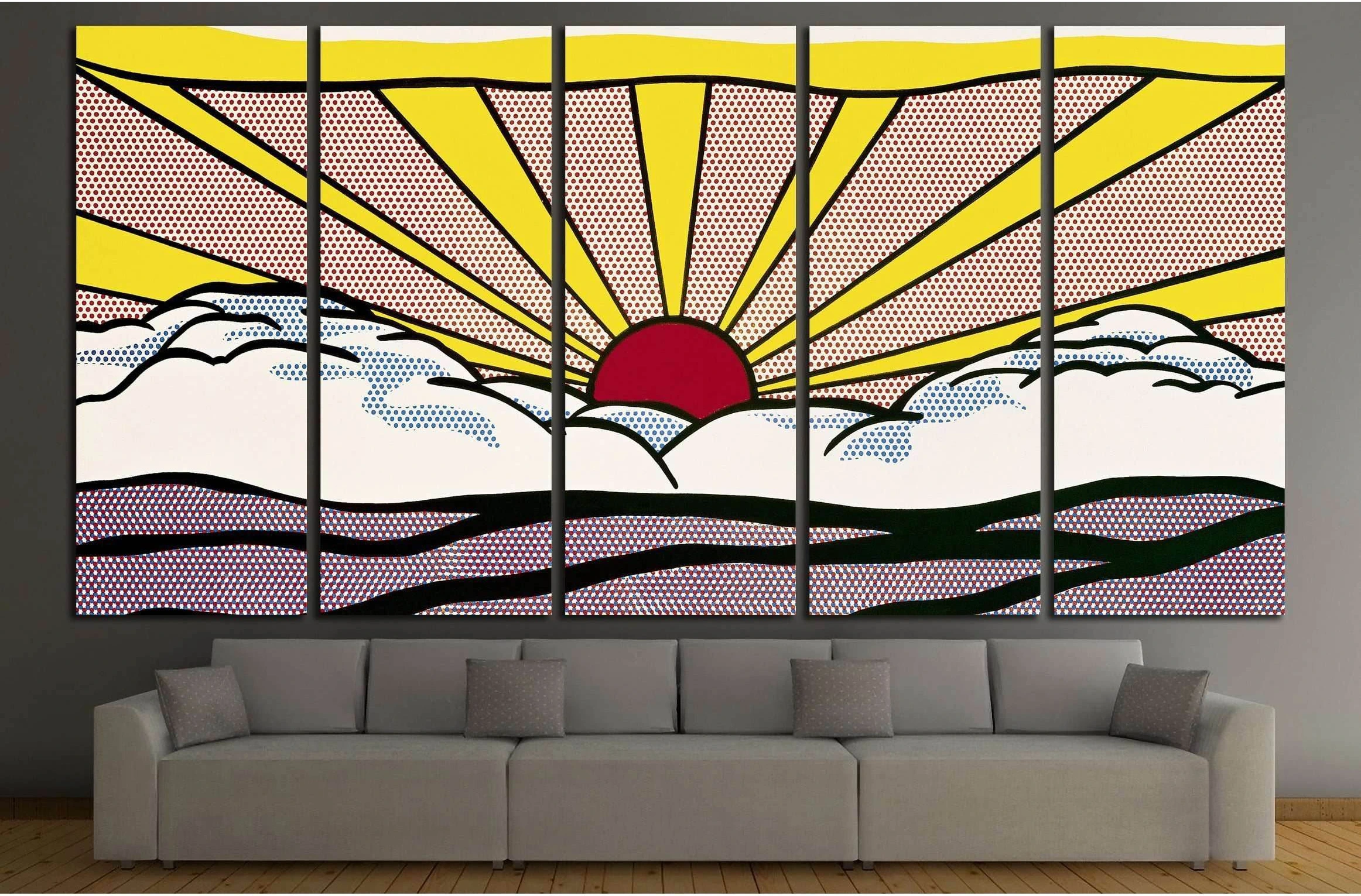 A pop art style landscape of a red sun setting over a field of white and grey clouds., product view 3