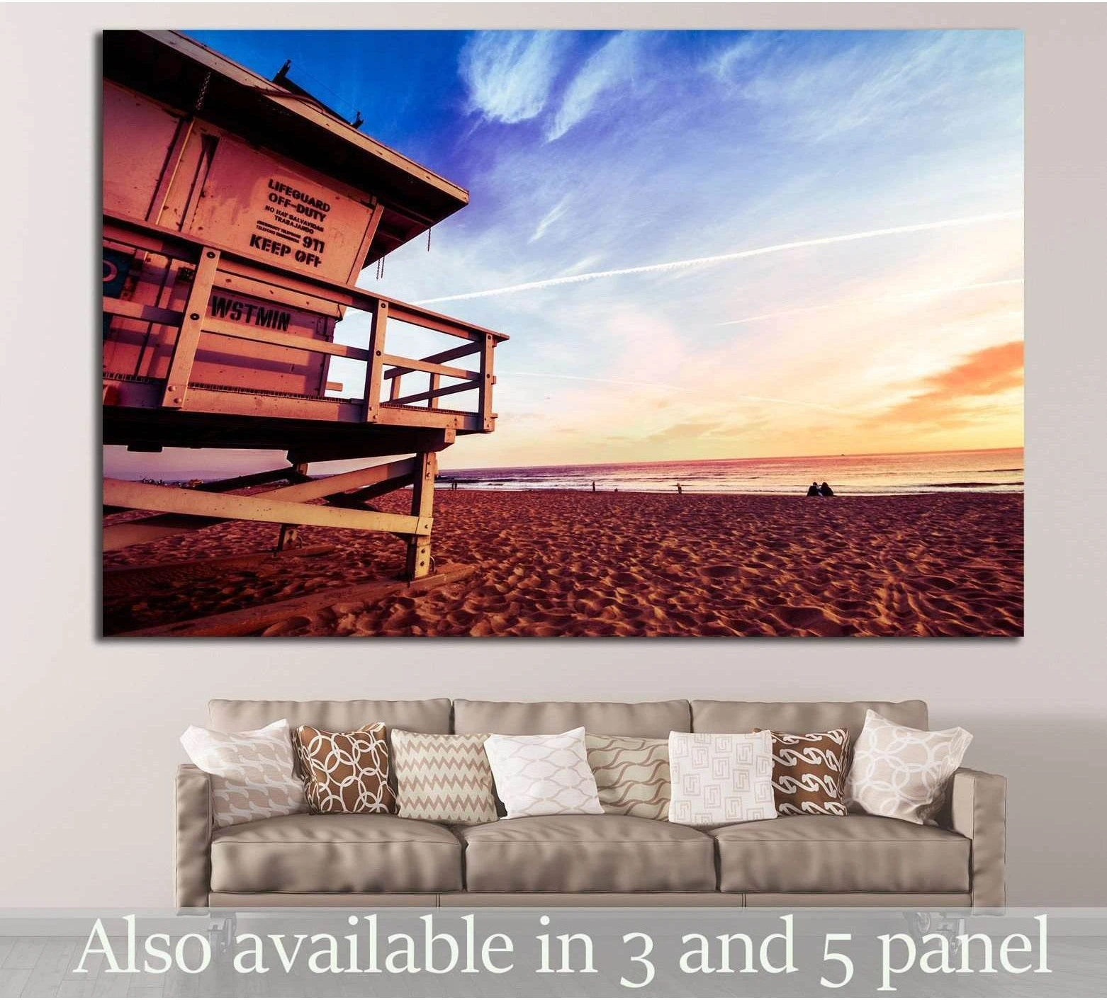 Venice Beach lifeguard tower sunset canvas print hung above sofa in a coastal living room