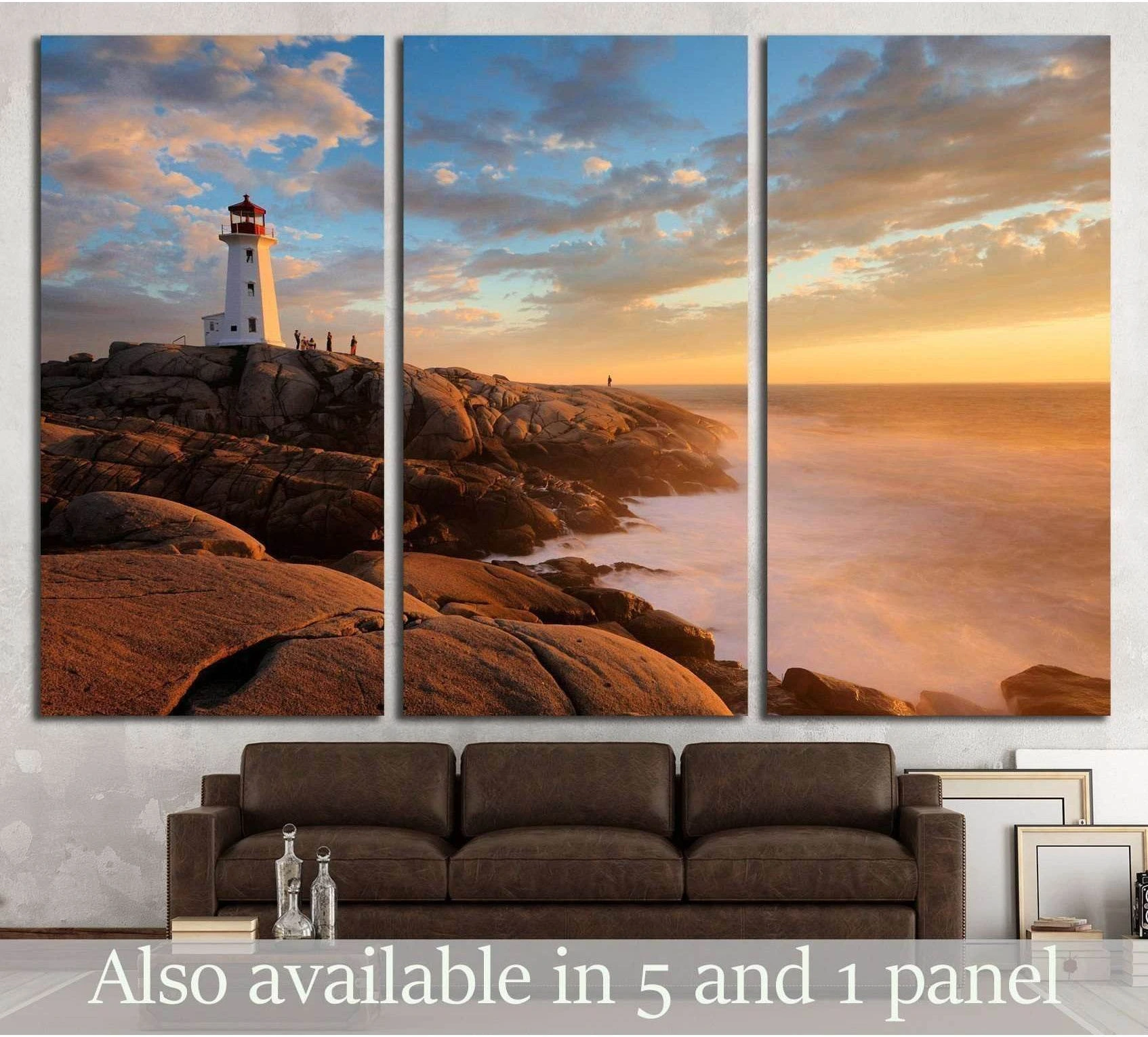 Light House at Peggy Cove at Sunset, Nova Scotia, Canada showing blue ocean wall art with water and coastal depth.