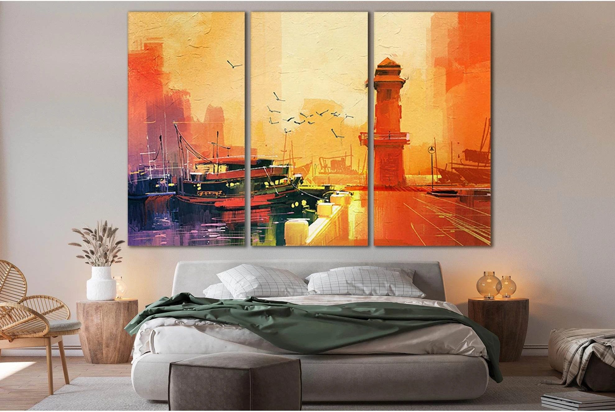 Lighthouse And Fishing Boat At Sunset №SL598 Ready to Hang Canvas Print - Zellart Canvas Prints 0new, ALL_Products, Oil Painting Wall Art