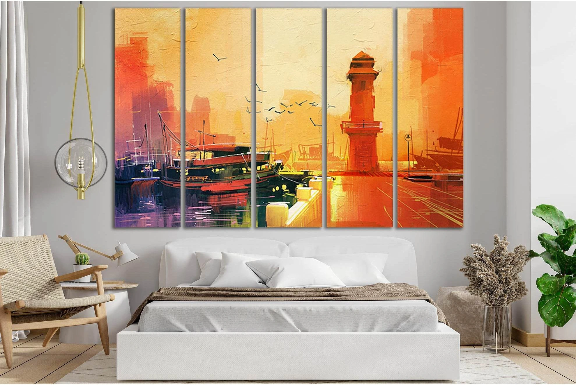Lighthouse And Fishing Boat At Sunset №SL598 Ready to Hang Canvas Print - Zellart Canvas Prints 0new, ALL_Products, Oil Painting Wall Art