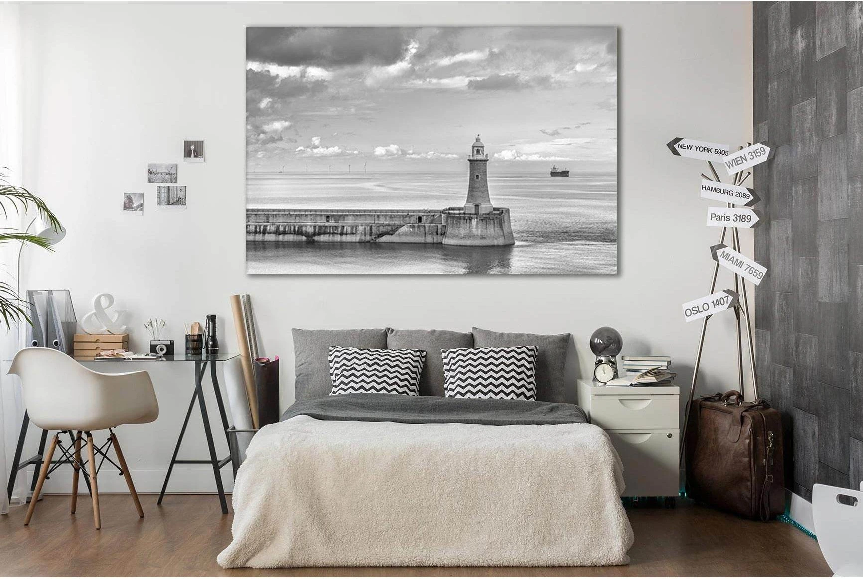 Black and White Lighthouse Canvas Print for Coastal Wall Art showing blue ocean wall art with water and coastal depth.