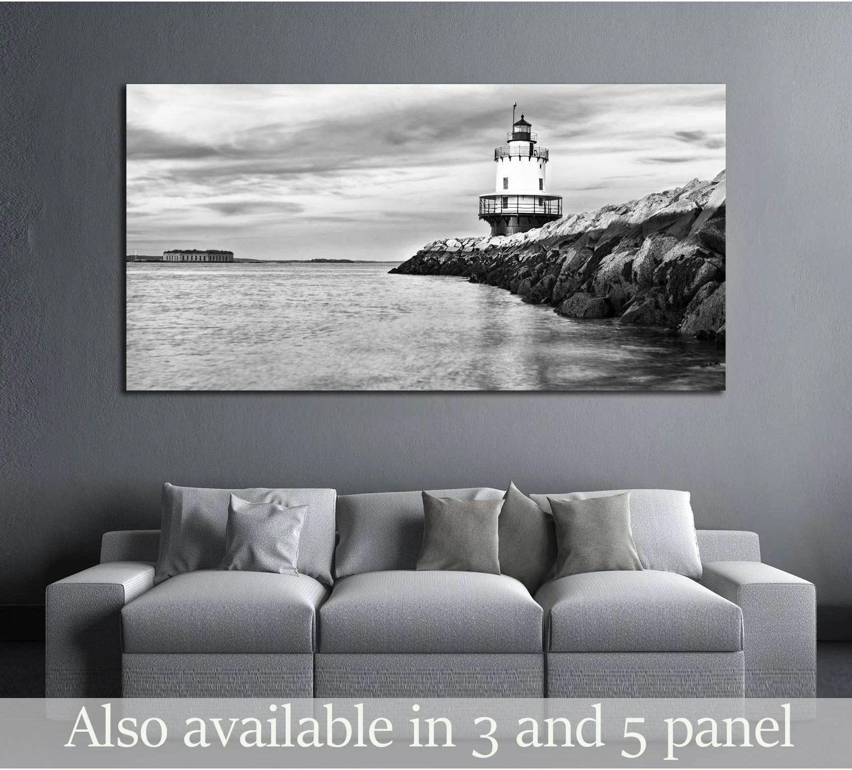 Black and White Lighthouse Seascape Canvas Wall Art selected as wide sofa-wall seascapes with large ocean canvas movement.
