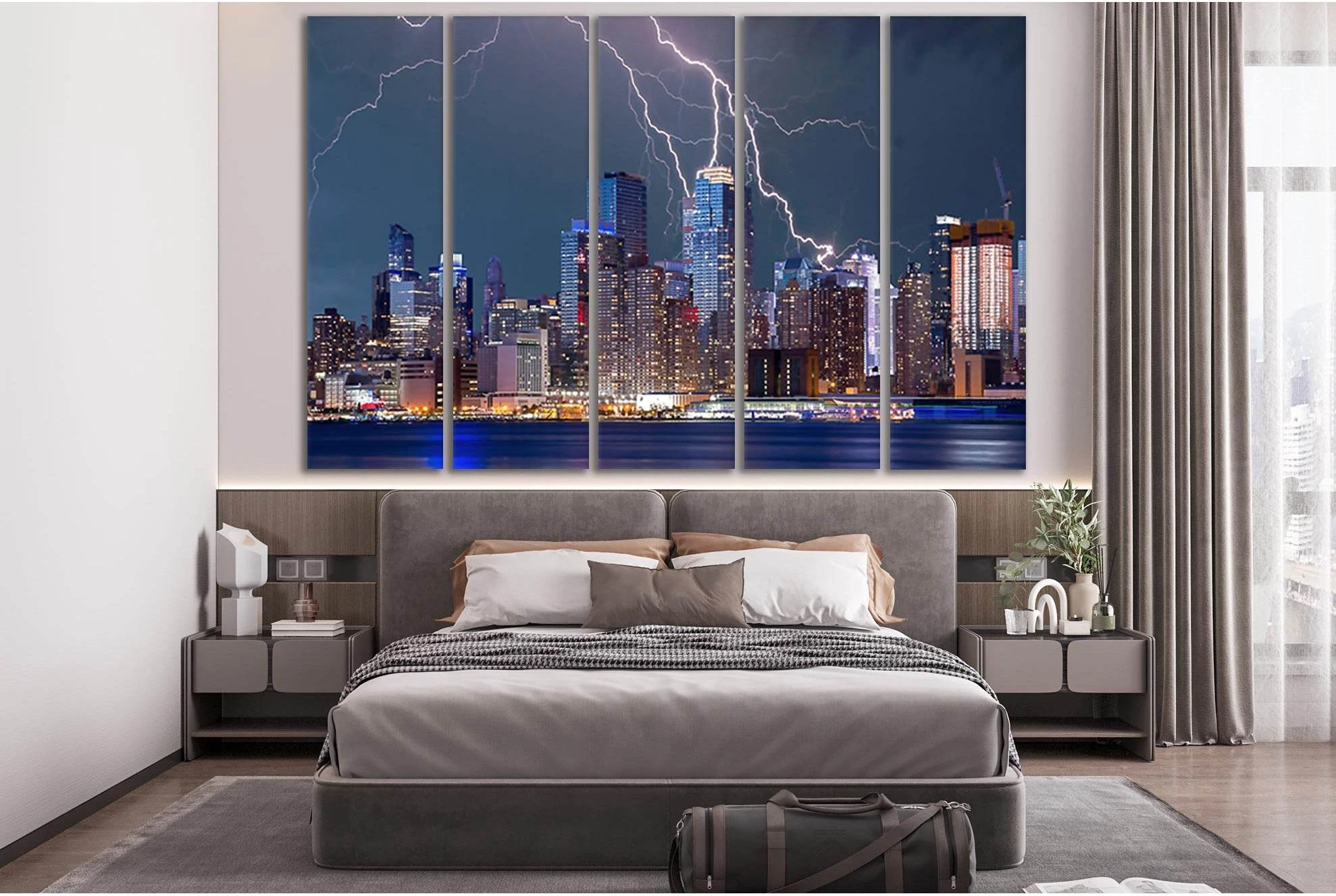 Lightning Over City At Night №SL321 Ready to Hang Canvas Print - Zellart Canvas Prints 0new, ALL_Products, Cityscapes & Skylines