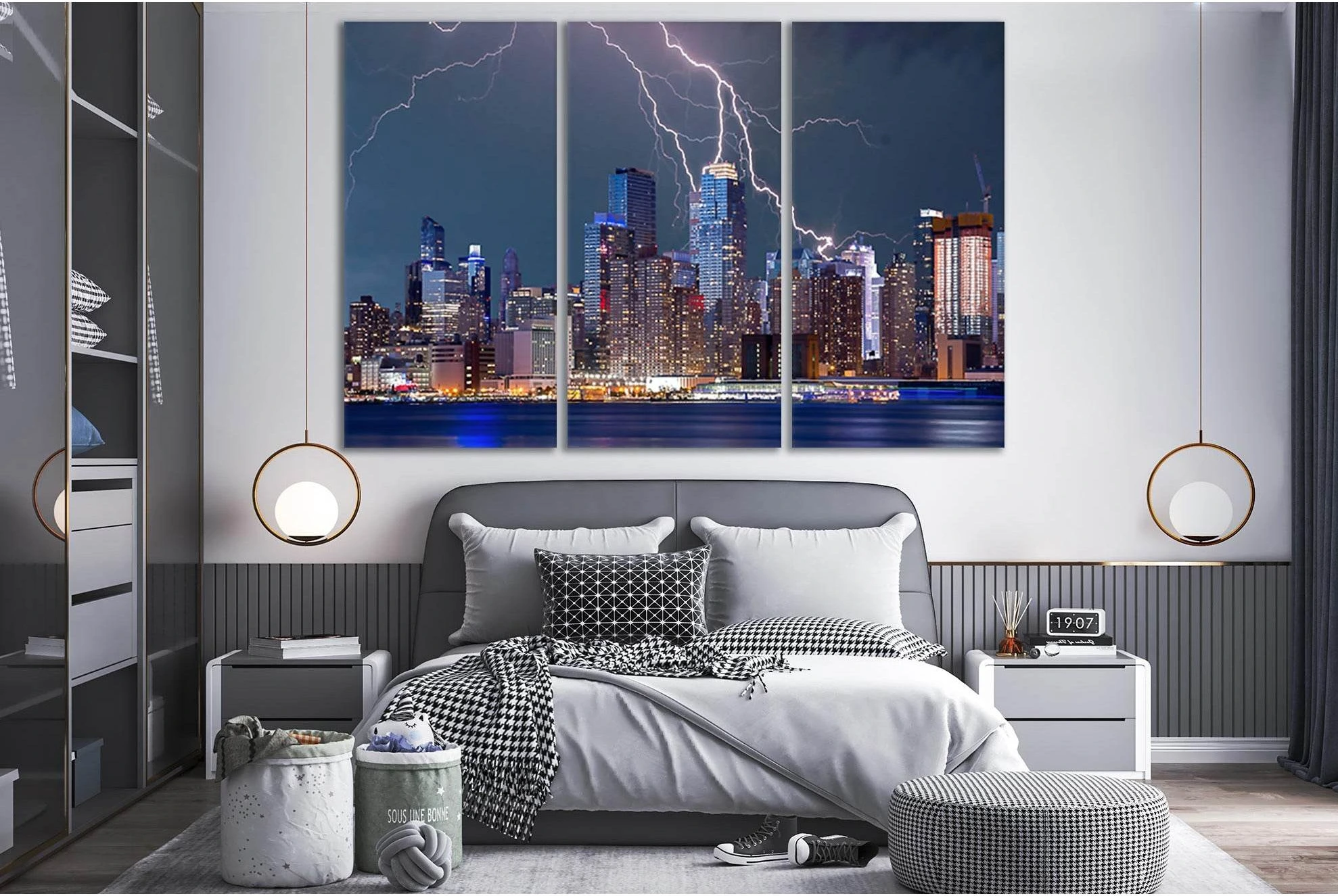 Lightning Over City At Night №SL321 Ready to Hang Canvas Print - Zellart Canvas Prints 0new, ALL_Products, Cityscapes & Skylines