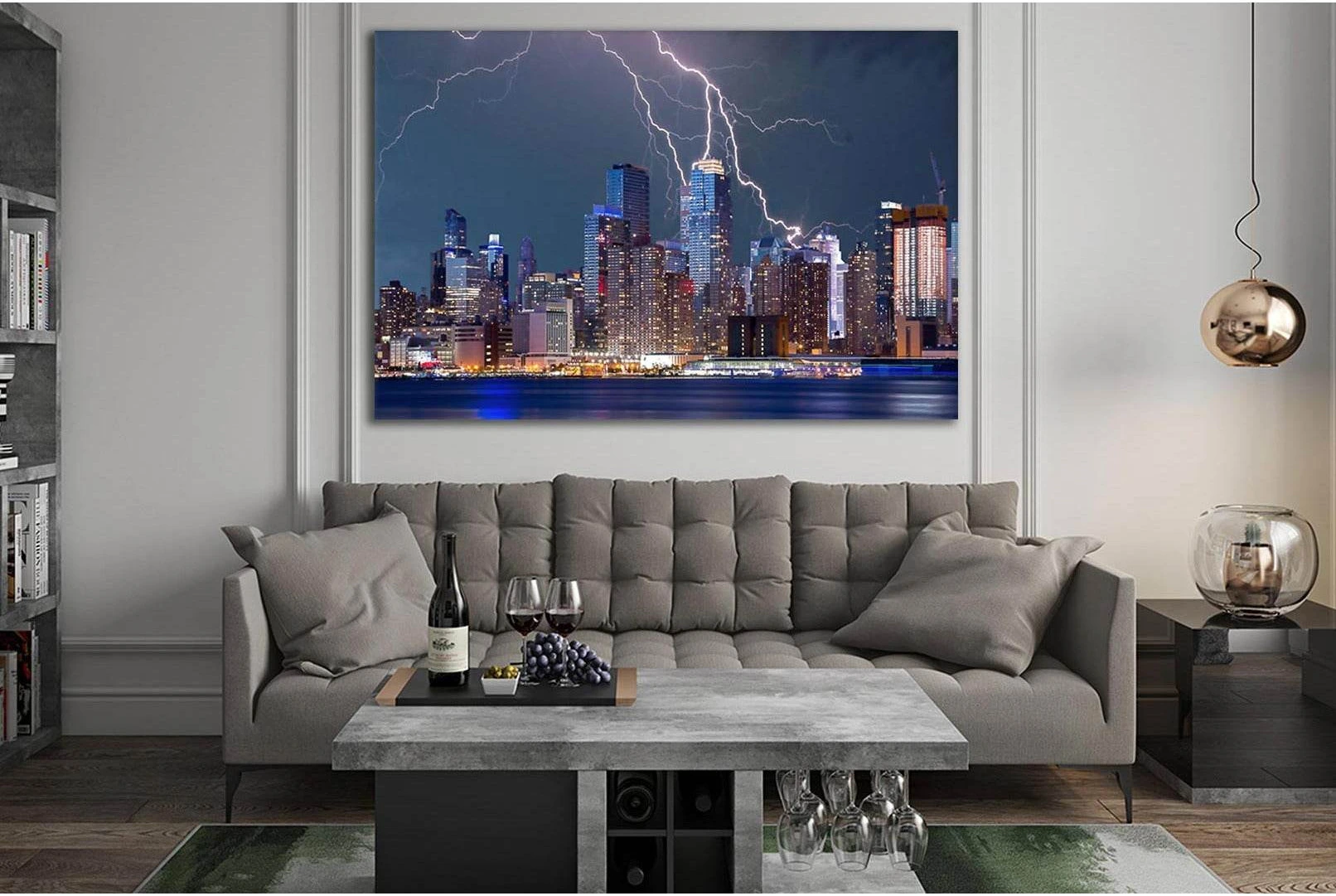 Lightning Over City At Night №SL321 Ready to Hang Canvas Print - Zellart Canvas Prints 0new, ALL_Products, Cityscapes & Skylines