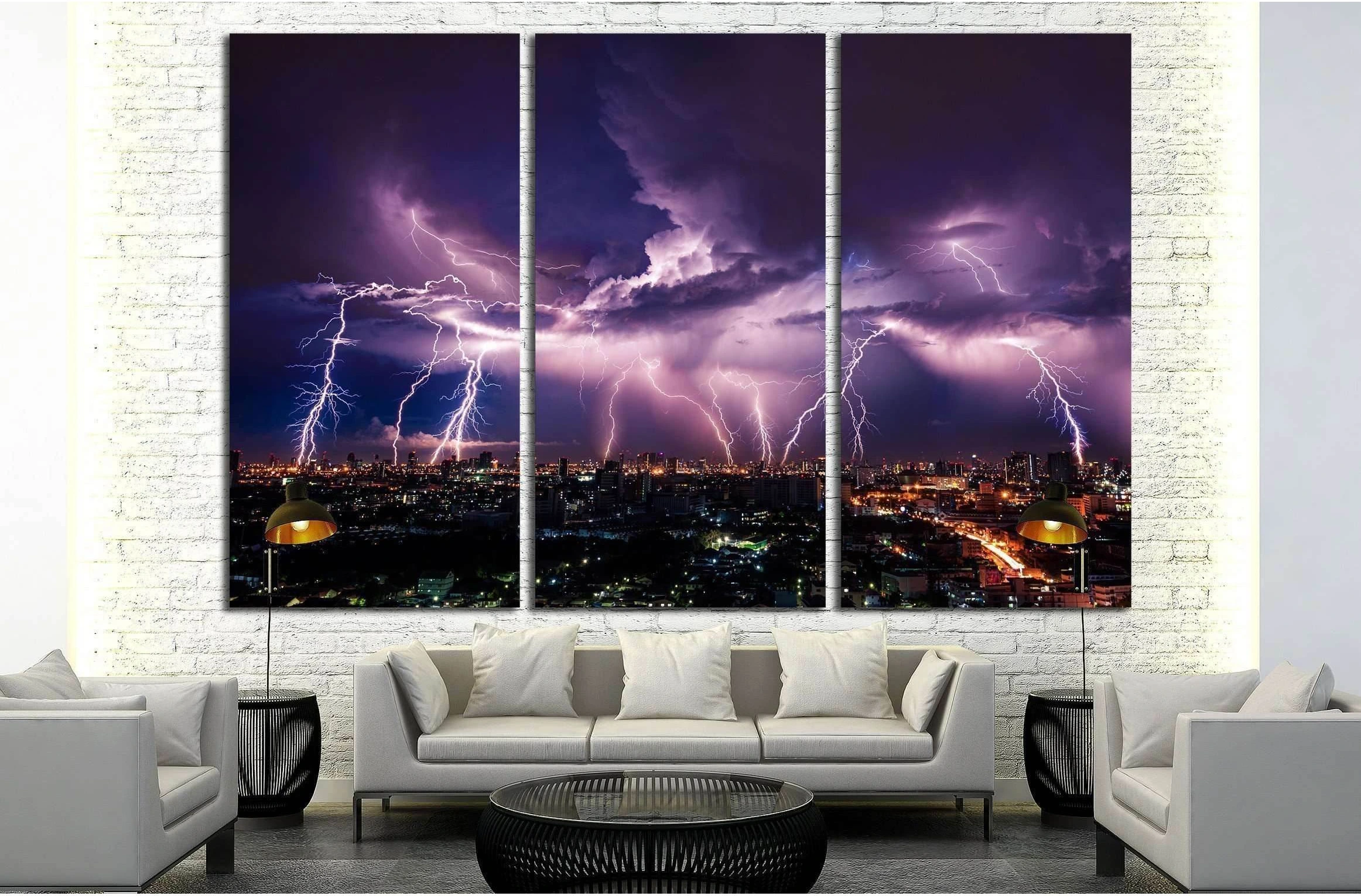 Lightning storm over city in purple light №2288 Ready to Hang Canvas Print - Zellart Canvas Prints ALL_Products, s-2288