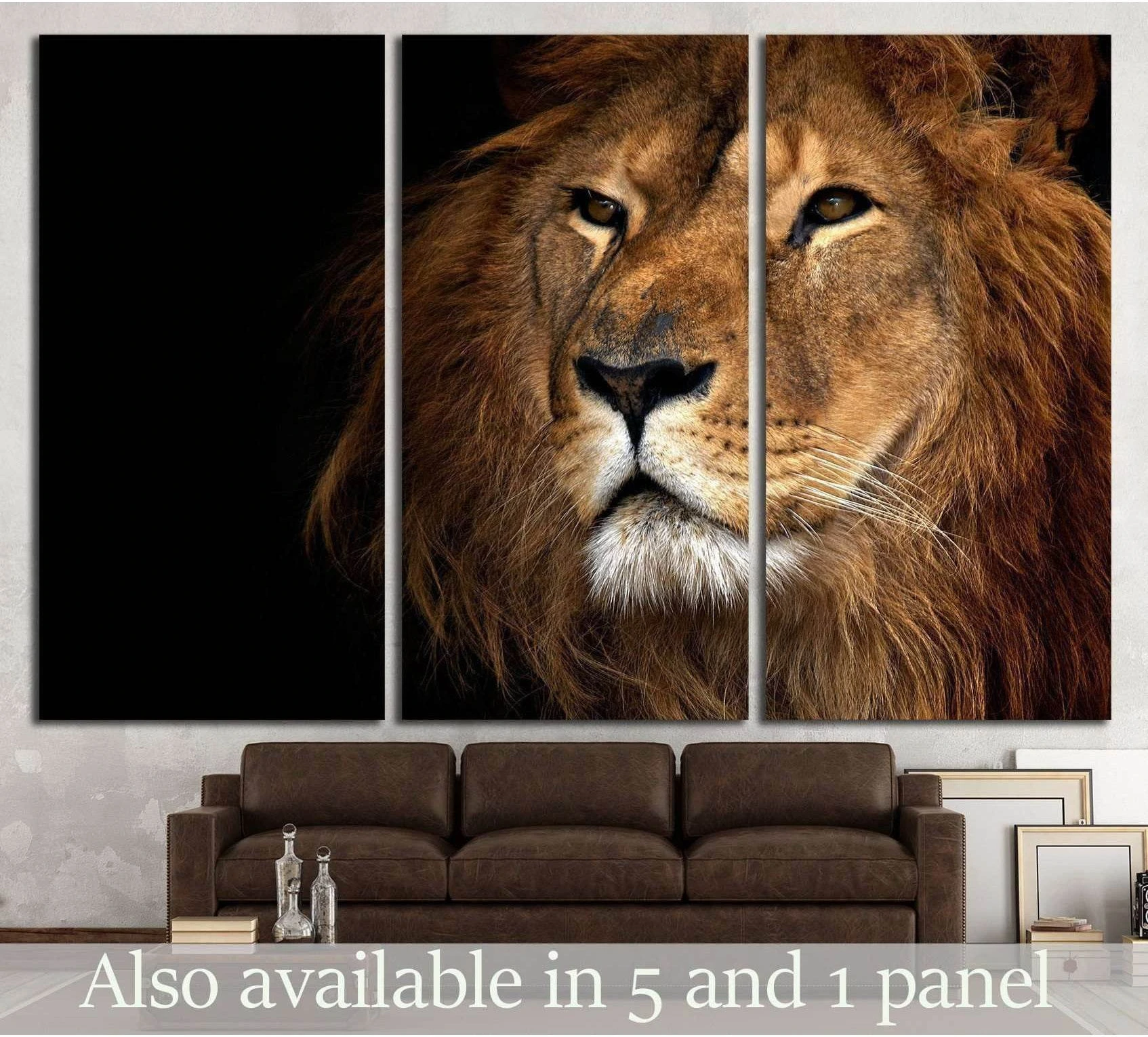 Triptych lion canvas print with close-up golden mane portrait above a brown sofa