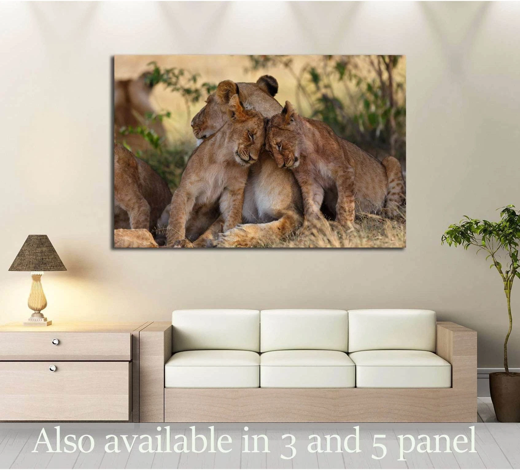 Lion cubs cuddle with mother after a good breakfast in Masai Mara, Kenya showing blue ocean wall art with water and coastal depth.