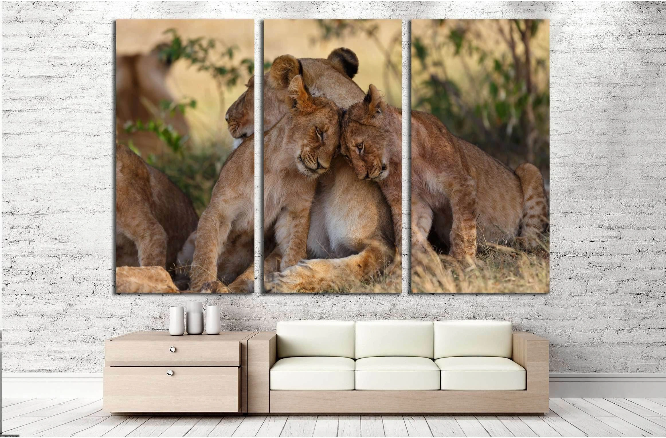 Lion cubs cuddle with mother after a good breakfast in Masai Mara, Kenya №2796 Ready to Hang Canvas Print - Zellart Canvas Prints ALL_Products, Lion, s-2796
