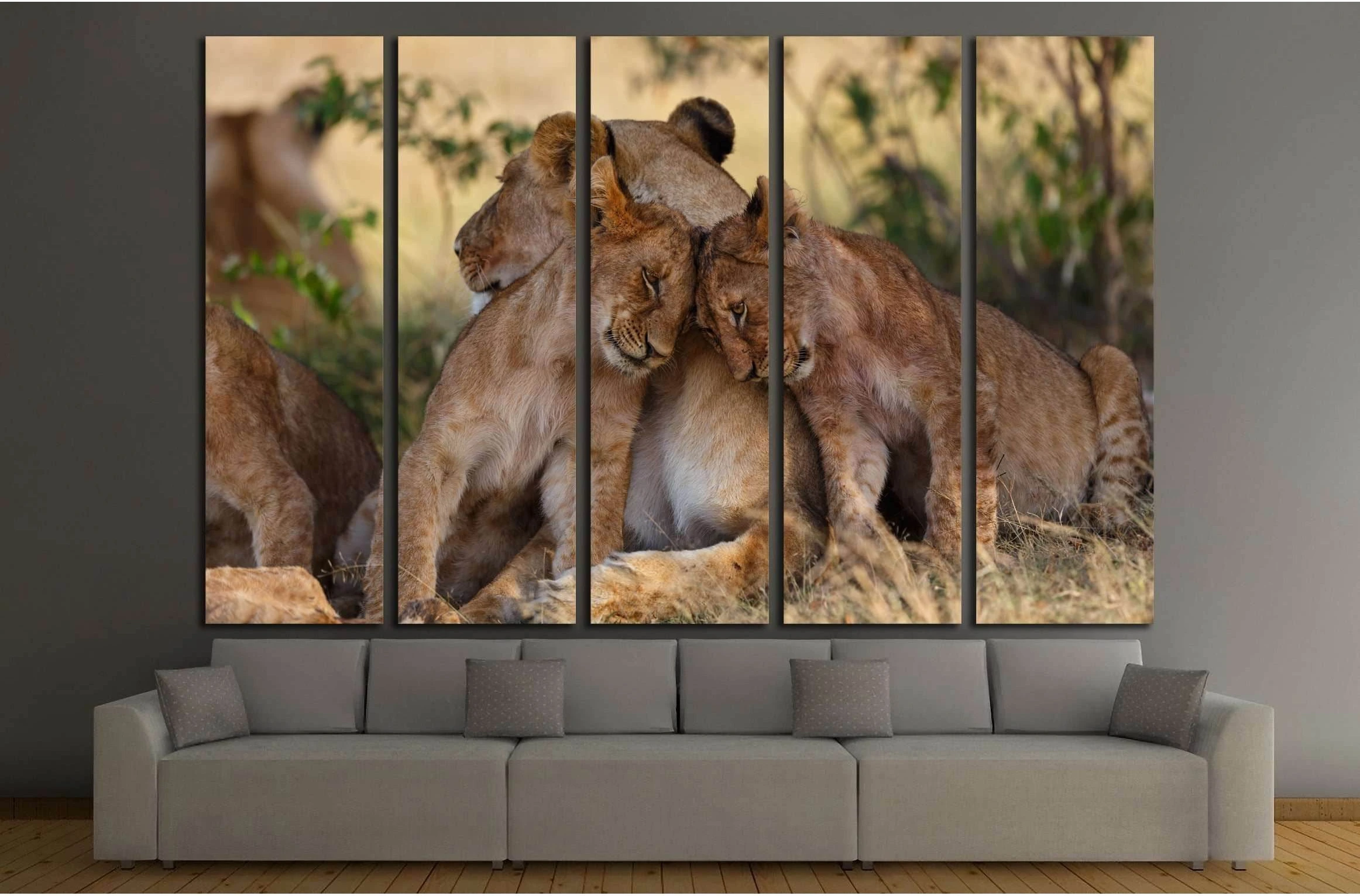 Lion cubs cuddle with mother after a good breakfast in Masai Mara, Kenya №2796 Ready to Hang Canvas Print - Zellart Canvas Prints ALL_Products, Lion, s-2796