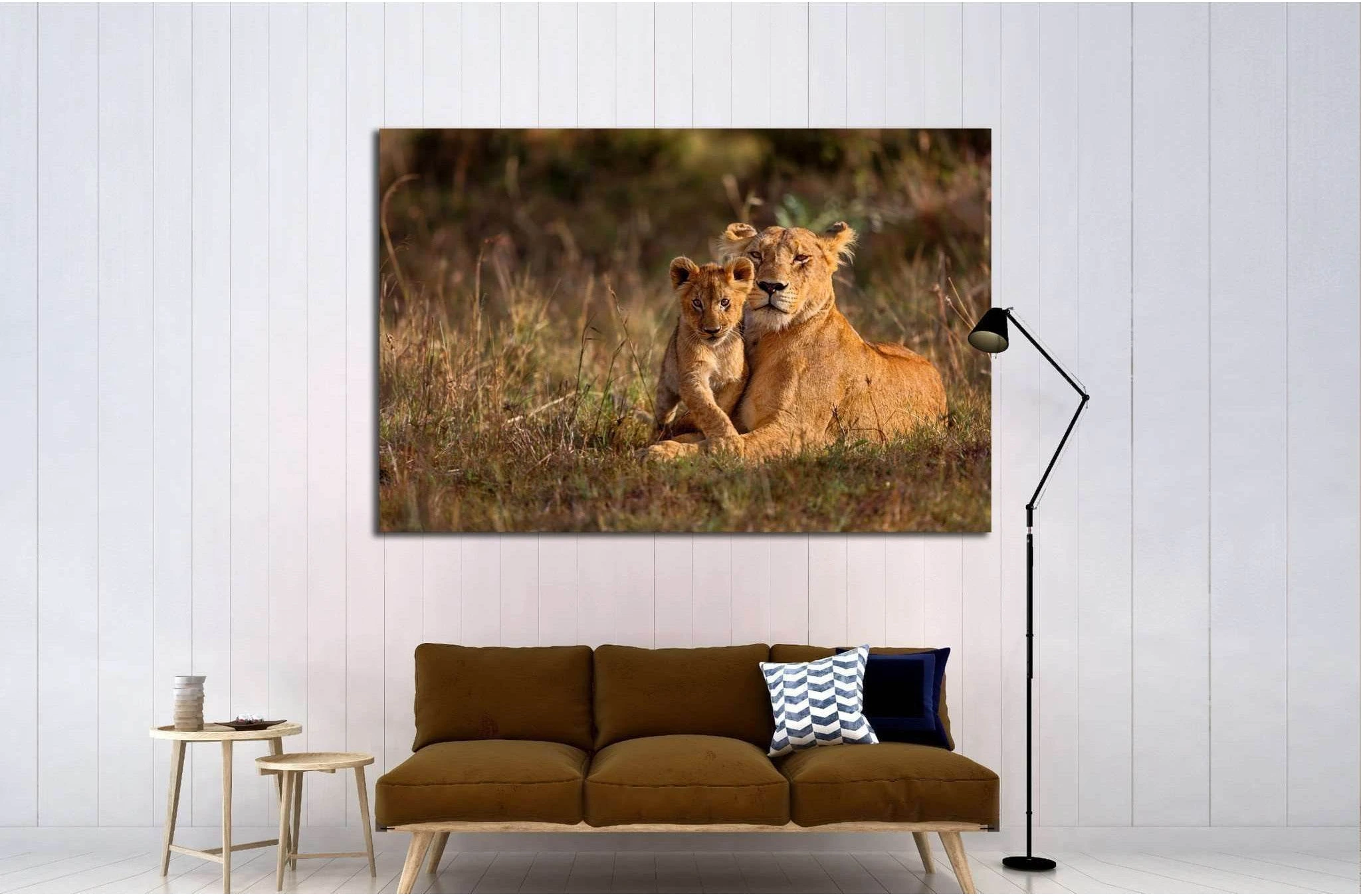 Lion mother of Notches Rongai Pride with cub in Masai Mara, Kenya №1850 Ready to Hang Canvas Print - Zellart Canvas Prints ALL_Products, Lion, s-1850