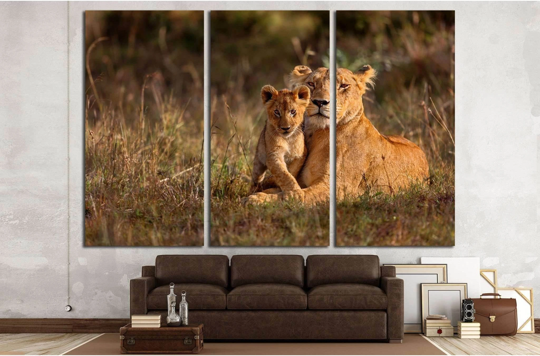 Lion mother of Notches Rongai Pride with cub in Masai Mara, Kenya №1850 Ready to Hang Canvas Print - Zellart Canvas Prints ALL_Products, Lion, s-1850
