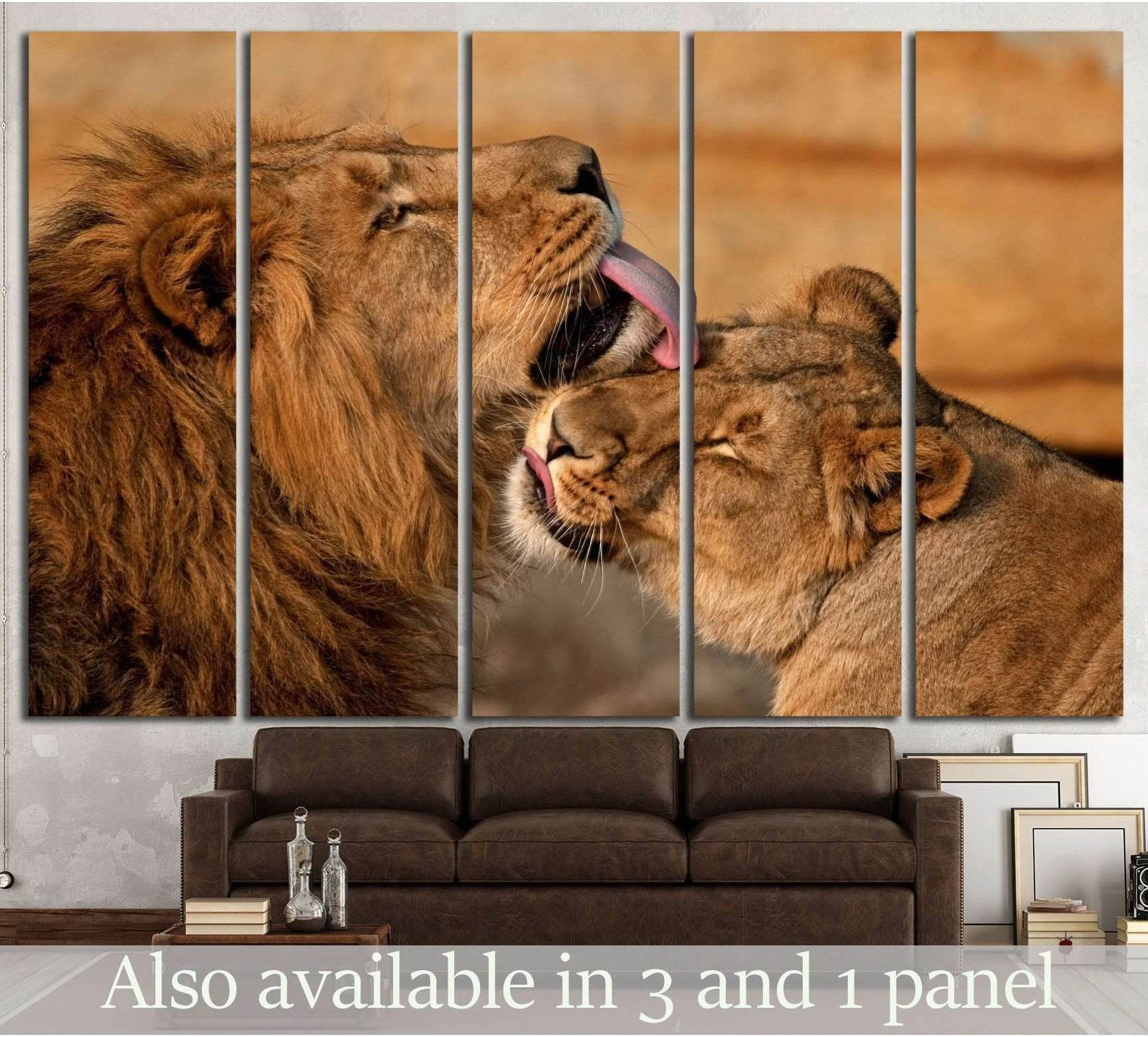 Lion canvas print featuring a male lion grooming a lioness above a sofa in a modern living room