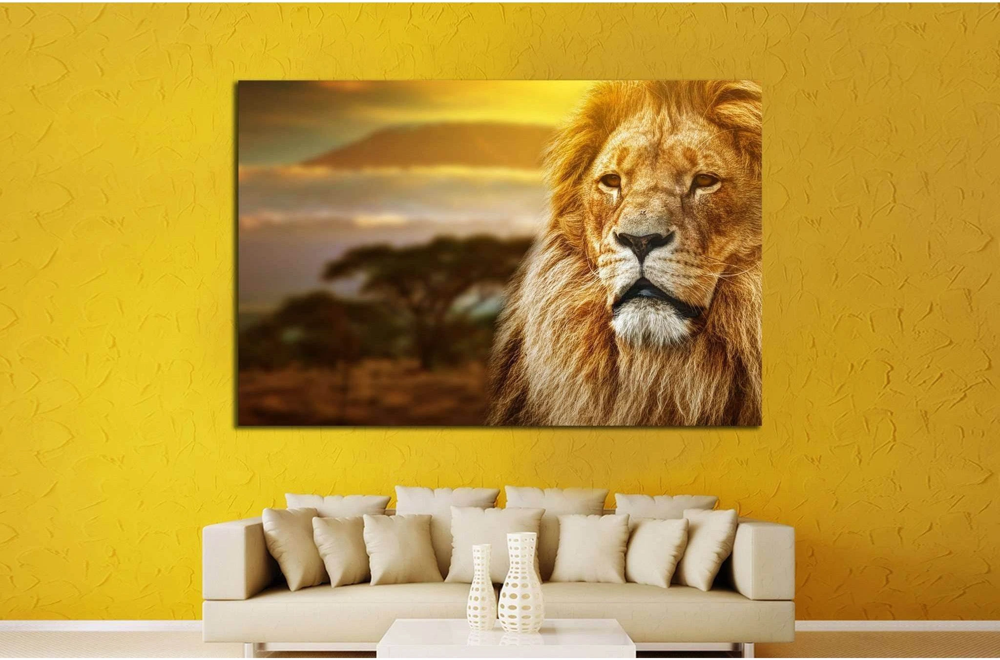 Lion portrait on savanna landscape №1115 Ready to Hang Canvas Print - Zellart Canvas Prints ALL_Products, Lion, s-1115
