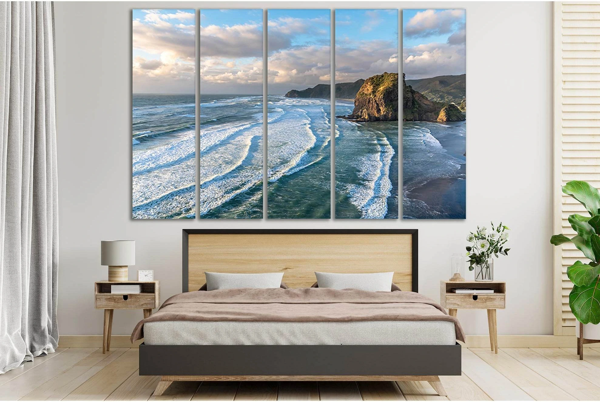 Lion Rock & Piha Beach Canvas Print Wall Art showing sea water, shoreline and horizon depth.