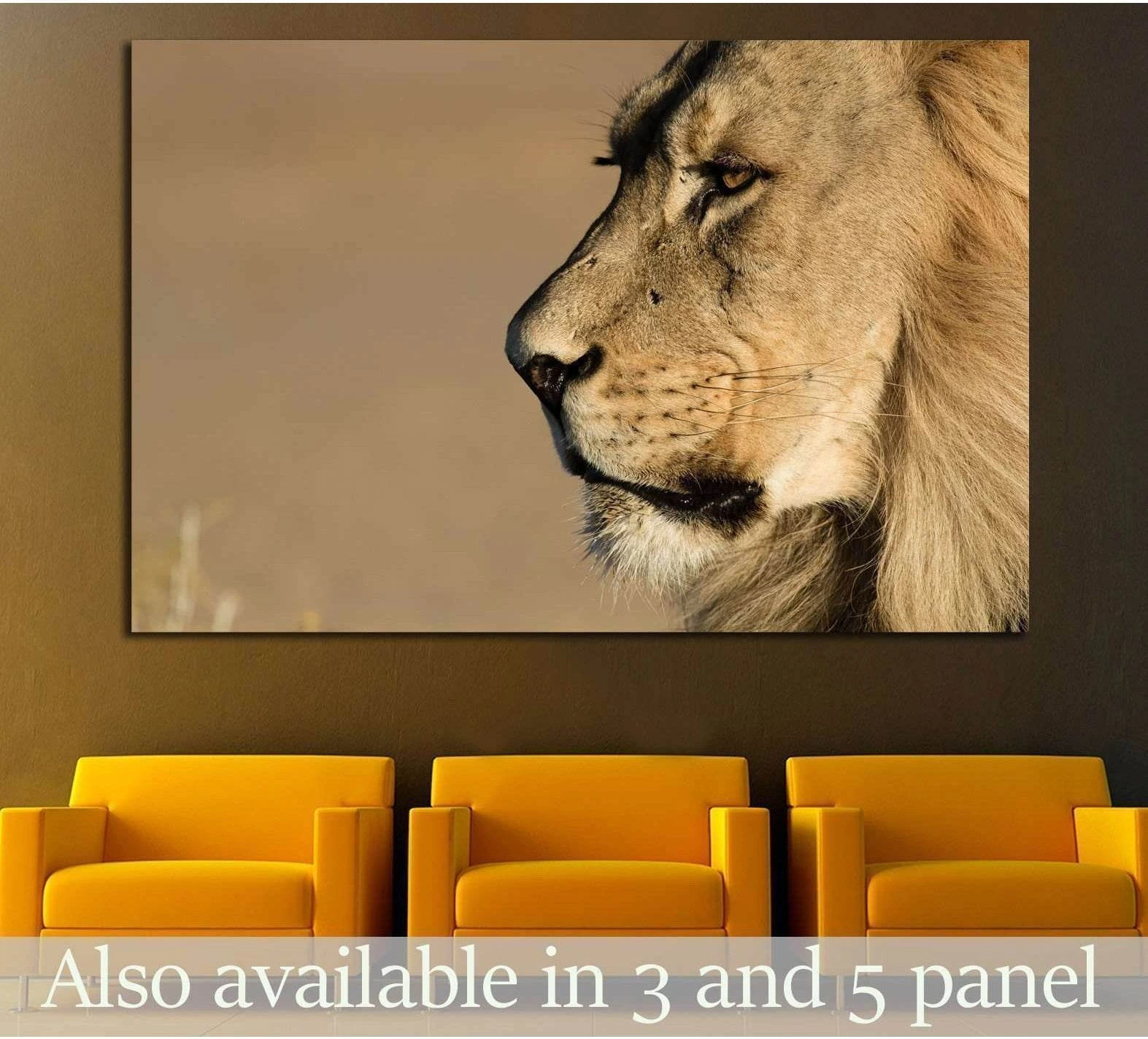 Close-up lion side profile canvas print hung above chairs in a warm modern waiting room
