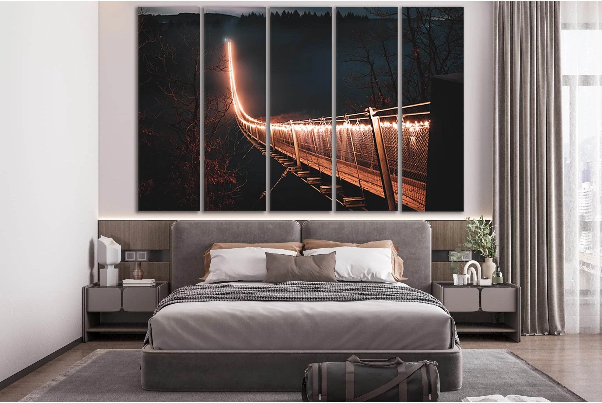 Lit Up Bridge At Night №SL1135 Ready to Hang Canvas Print - Zellart Canvas Prints 0new, ALL_Products, Bridges Wall Art