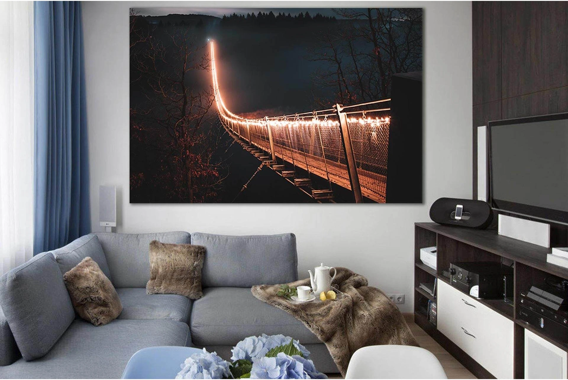 Lit Up Bridge At Night №SL1135 Ready to Hang Canvas Print - Zellart Canvas Prints 0new, ALL_Products, Bridges Wall Art