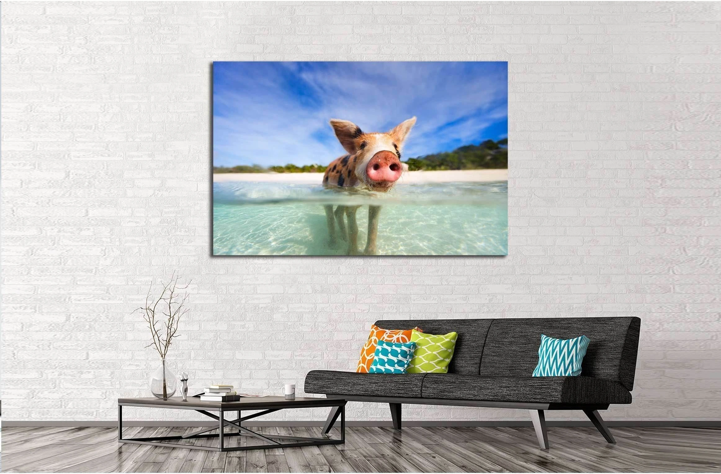Little piglet in a water at beach on Exuma Bahamas №2350 Ready to Hang Canvas Print - Zellart Canvas Prints ALL_Products, s-2350