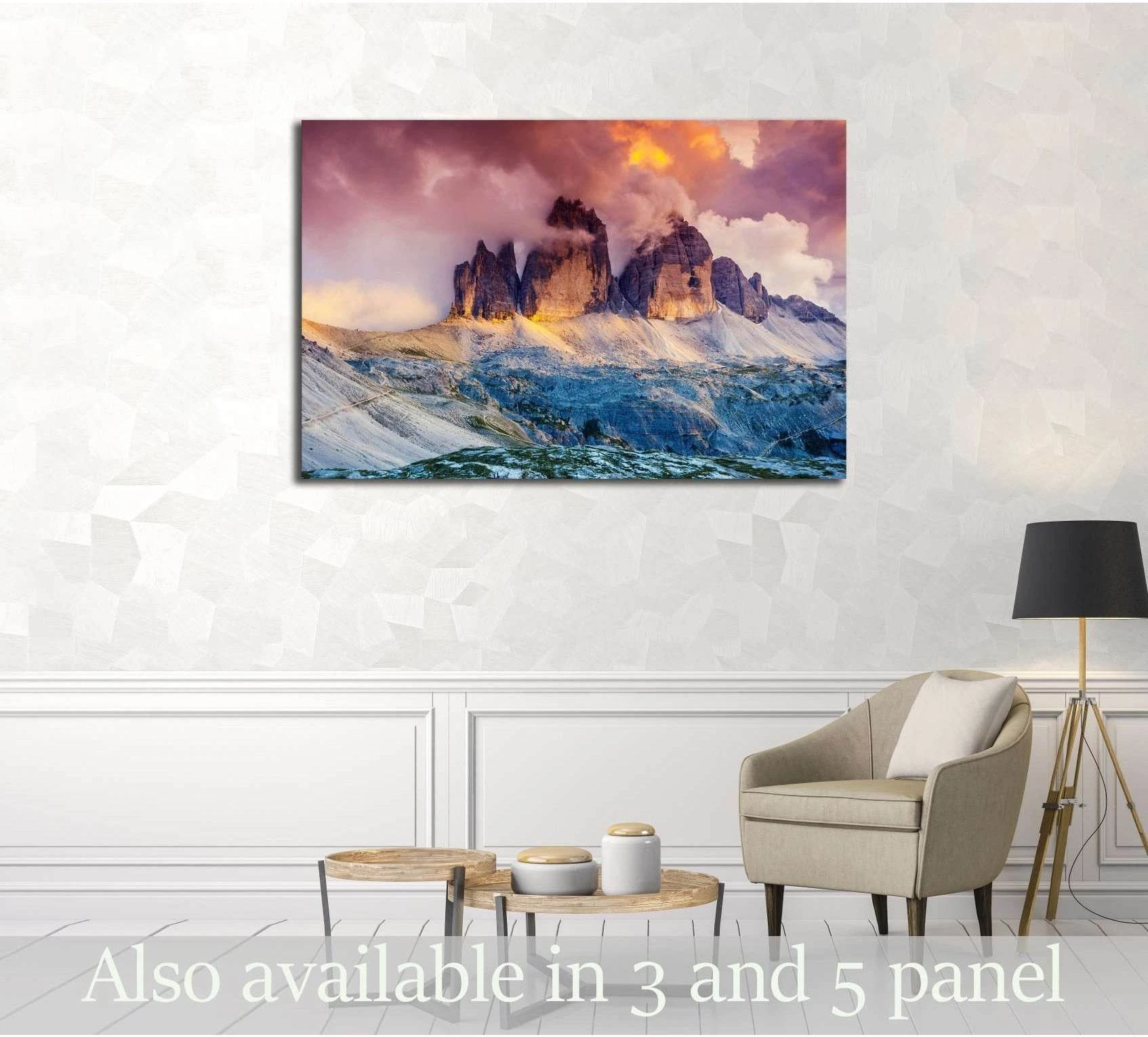 Tre Cime Dolomites canvas print with glowing sunset peaks and purple alpine sky above a modern living room chair