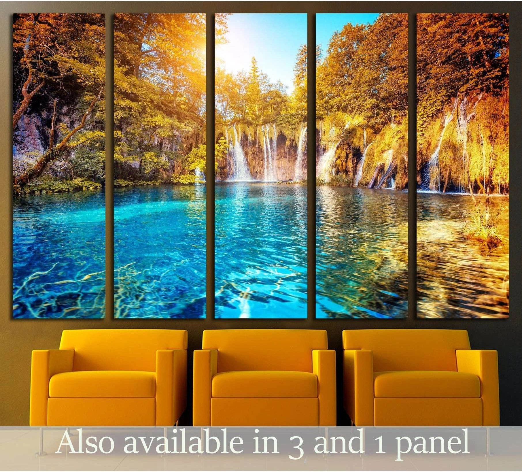Plitvice Lakes waterfall canvas print with turquoise lake and autumn trees in multi-panel room mockup