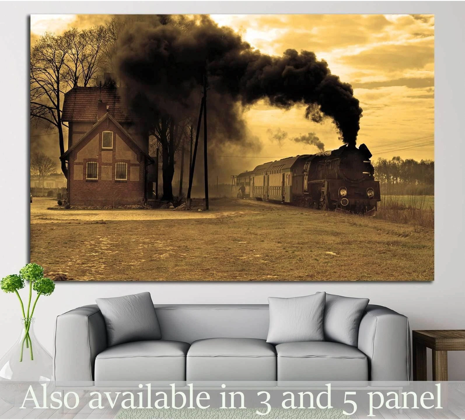 Sepia steam locomotive canvas print with black smoke passing a rural station above a sofa
