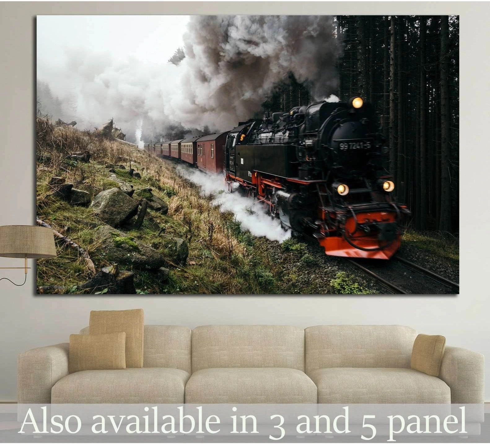 Steam locomotive canvas print with black train and smoke in a misty forest above a sofa
