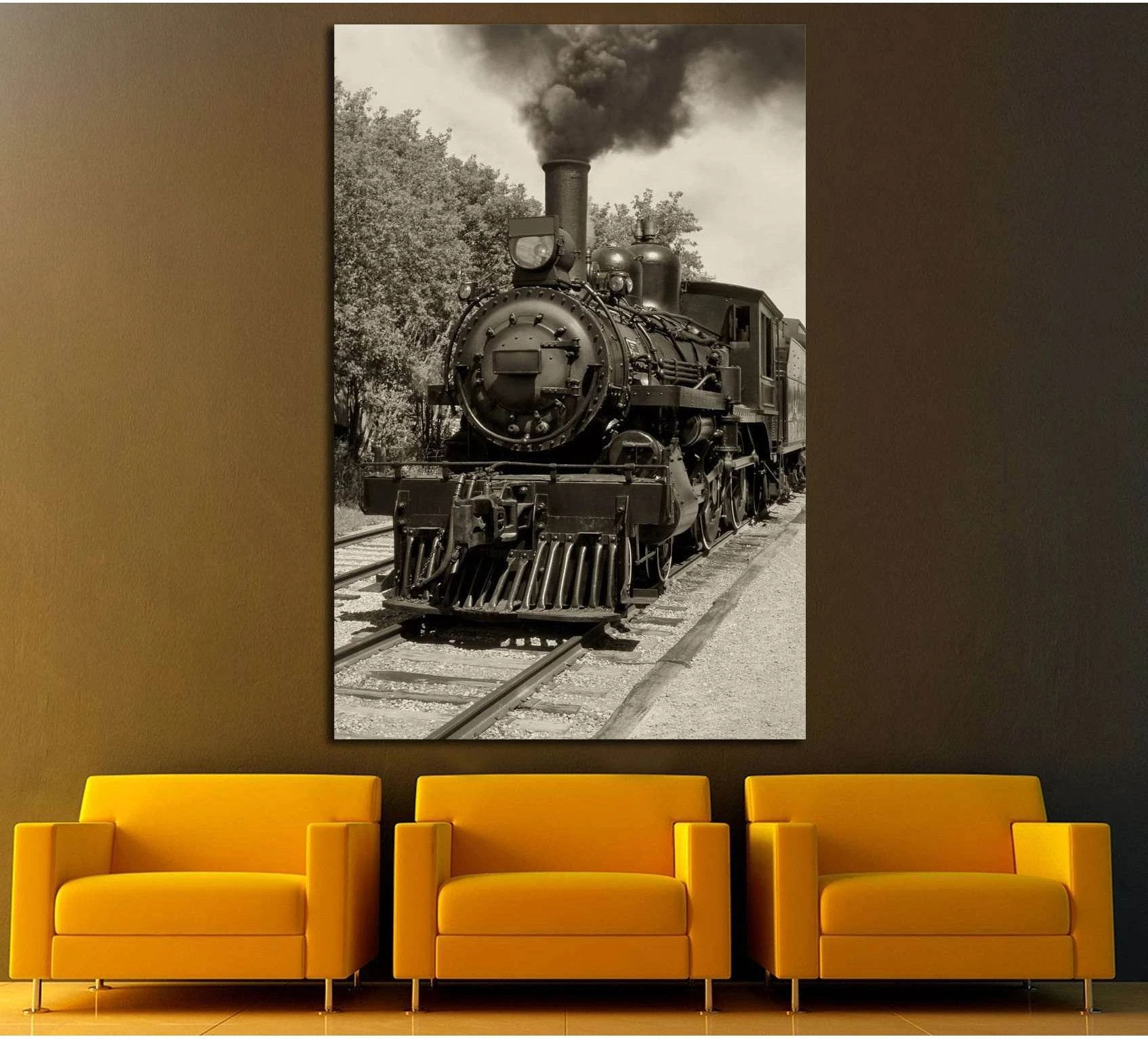 Sepia steam locomotive canvas print with front-facing vintage train and smoke plume above railway tracks