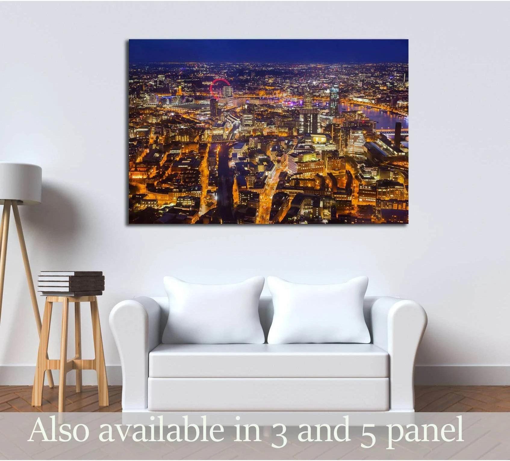 London skyline canvas print above sofa with panoramic night city lights and Thames view