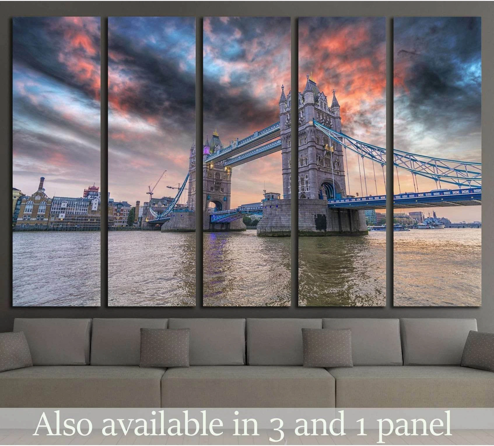 Tower Bridge London sunset canvas print displayed above a sofa in a modern living room