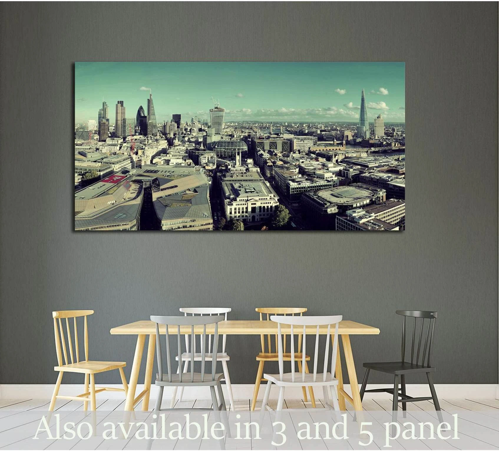 Panoramic London skyline canvas print with The Shard above a dining room table