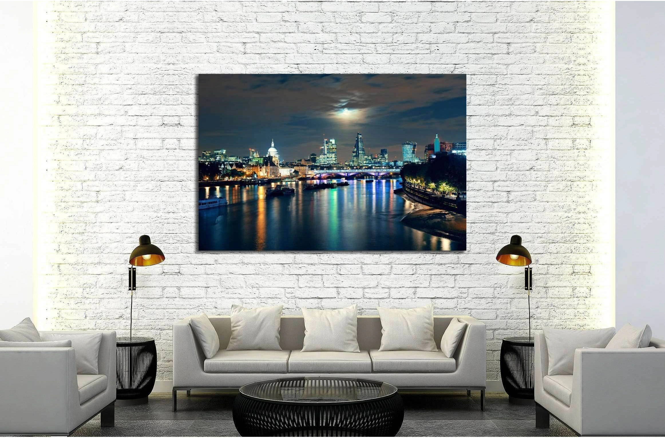 London cityscape with urban buildings and moon over Thames River at night №2164 Ready to Hang Canvas Print - Zellart Canvas Prints ALL_Products, s-2164