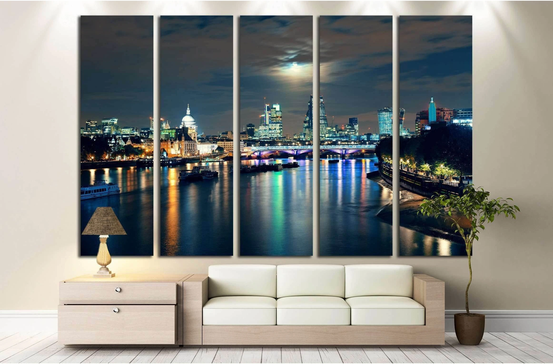 London cityscape with urban buildings and moon over Thames River at night №2164 Ready to Hang Canvas Print - Zellart Canvas Prints ALL_Products, s-2164