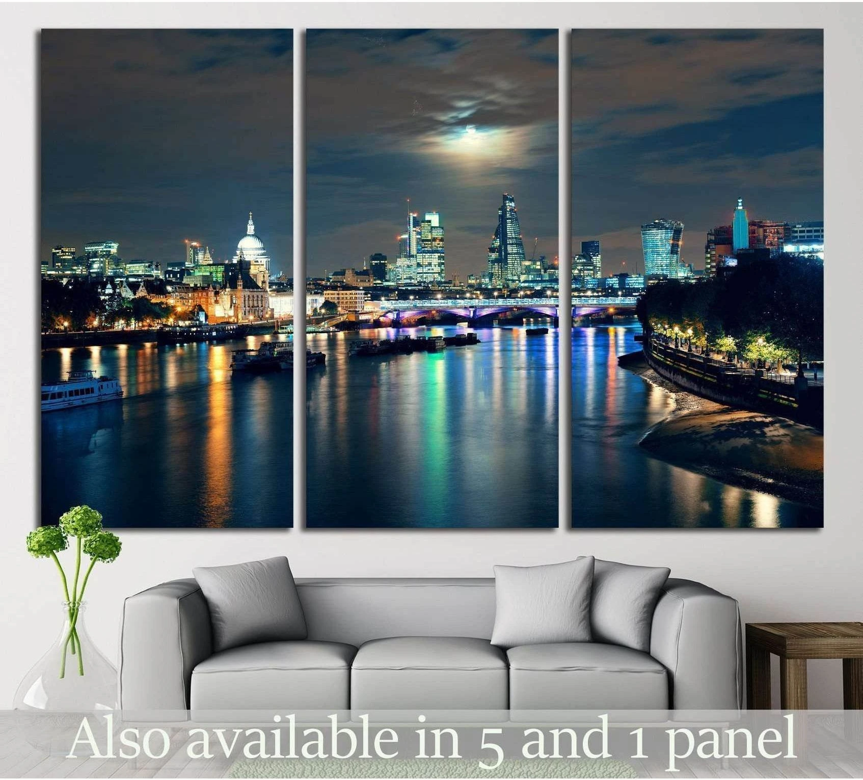 London skyline triptych canvas print with moon over the Thames in a modern living room