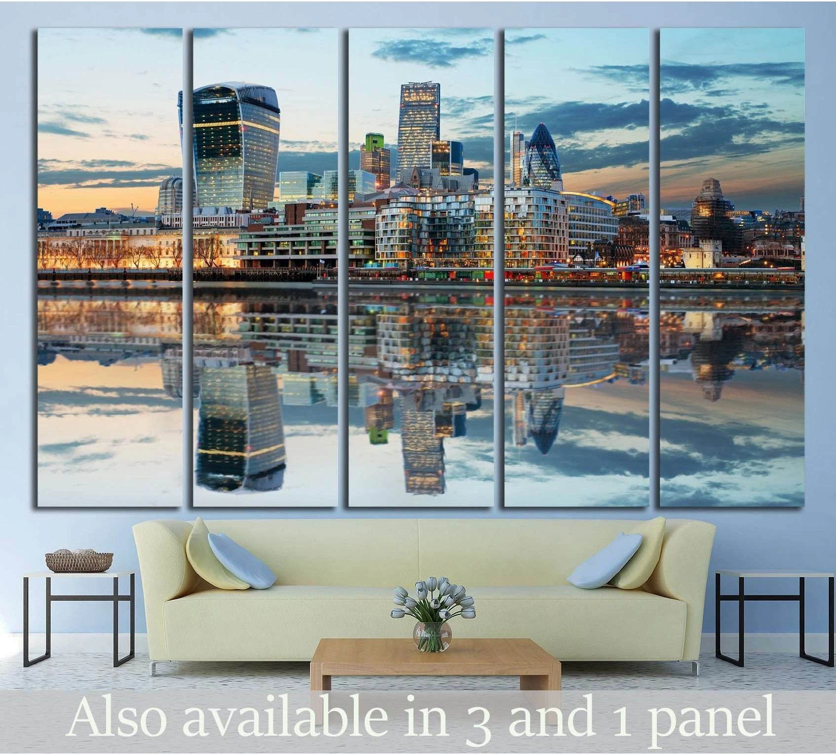 London skyline canvas print with Thames reflection displayed above sofa in a modern living room